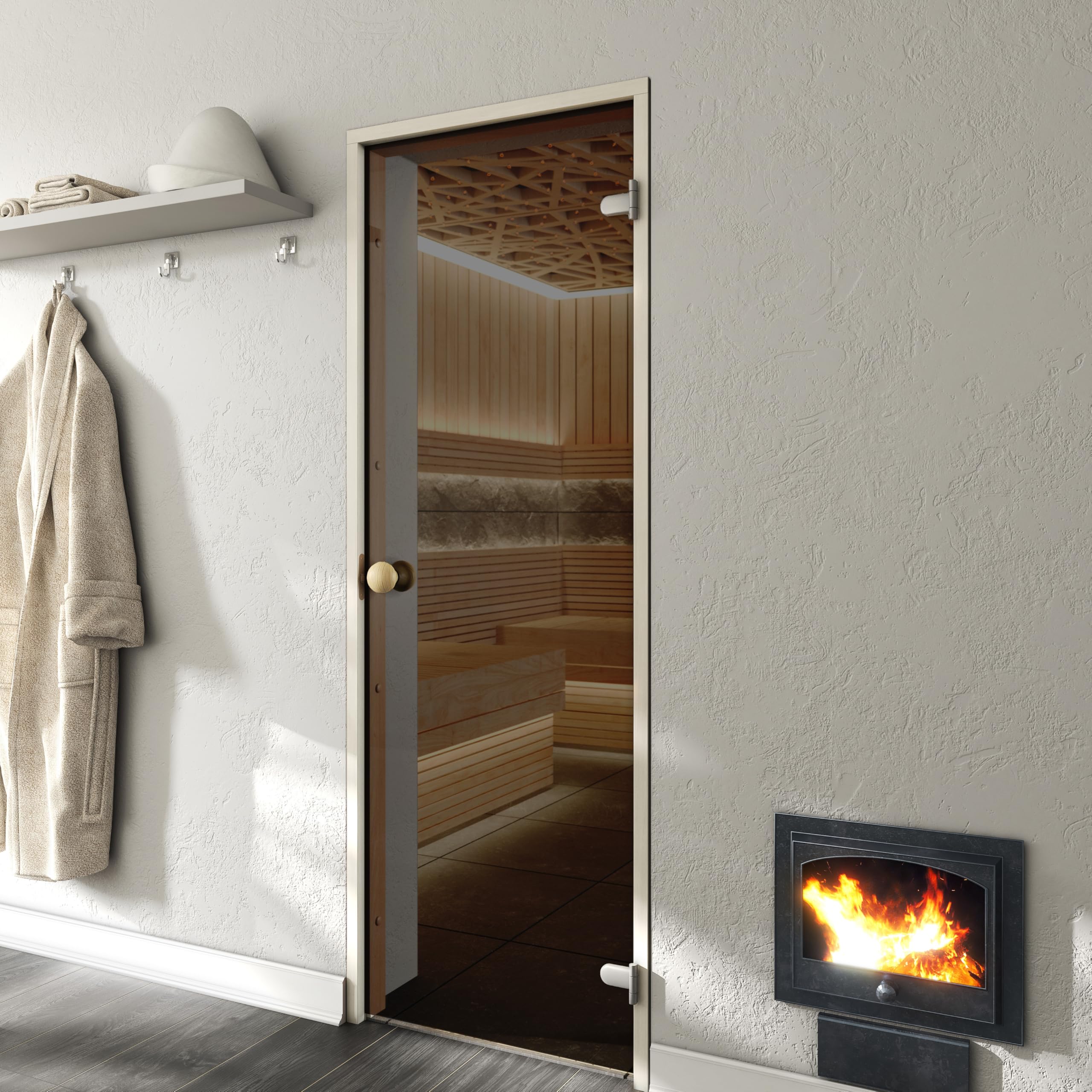 Porta sauna Sauflex ESSENTIAL – Vetro di sicurezza ESG 8 mm, telaio in legno laminato, montaggio a destra/sinistra (Grigio/Betulla, 70x200)