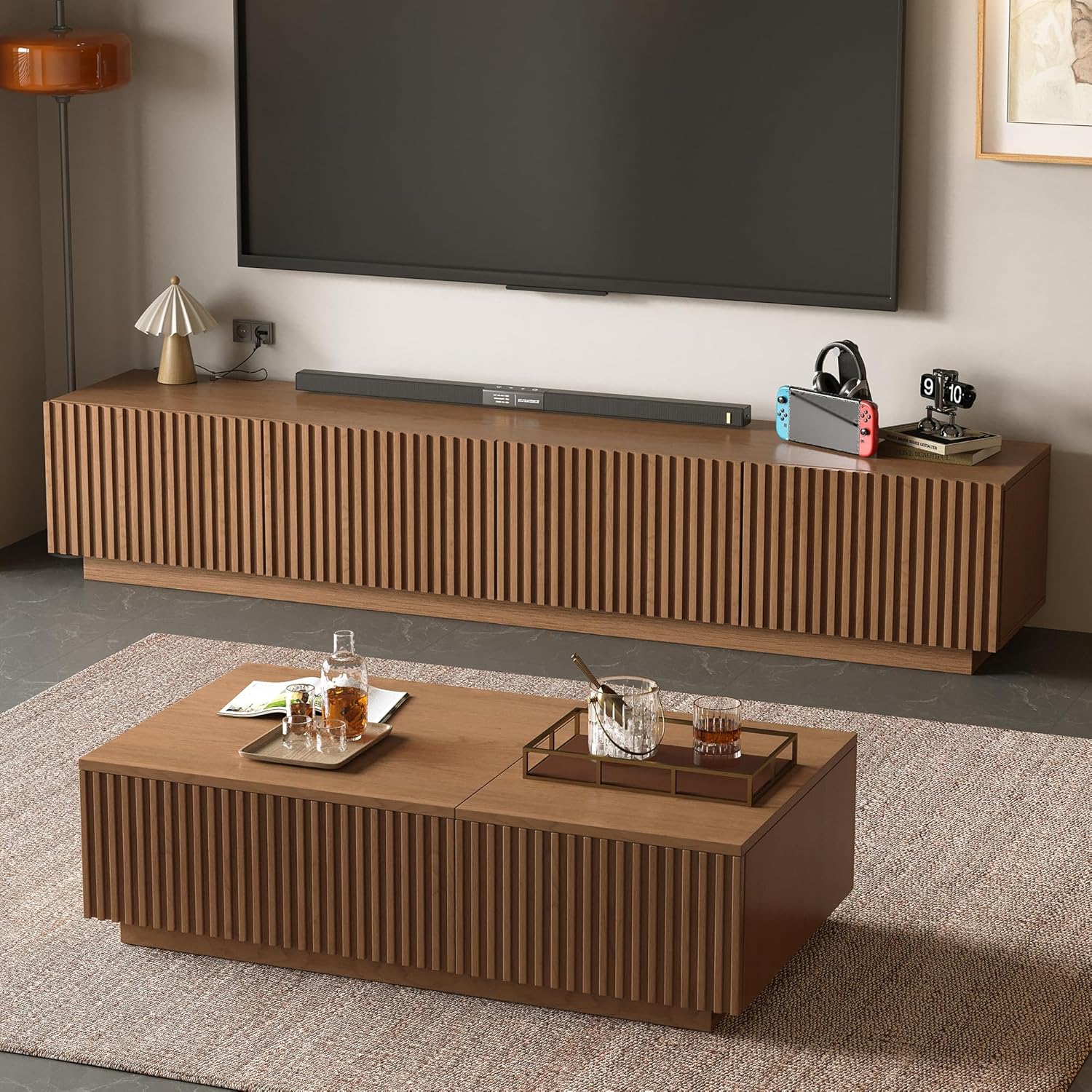 Living Room Furniture Set with TV Stand and Lift Top Coffee Table with Legs, 86.6" Entertainment Center Console for 75 Inch TV, Wood Slatted Storage Cabinet & Modern Center Table, Walnut
