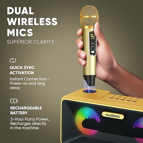 Miniatura 30 de MASINGO máquina de karaoke para adultos y niños, con altavoces Bluetooth portátiles, 2 micrófonos inalámbricos, luces LED, sistema PA y modo karaoke