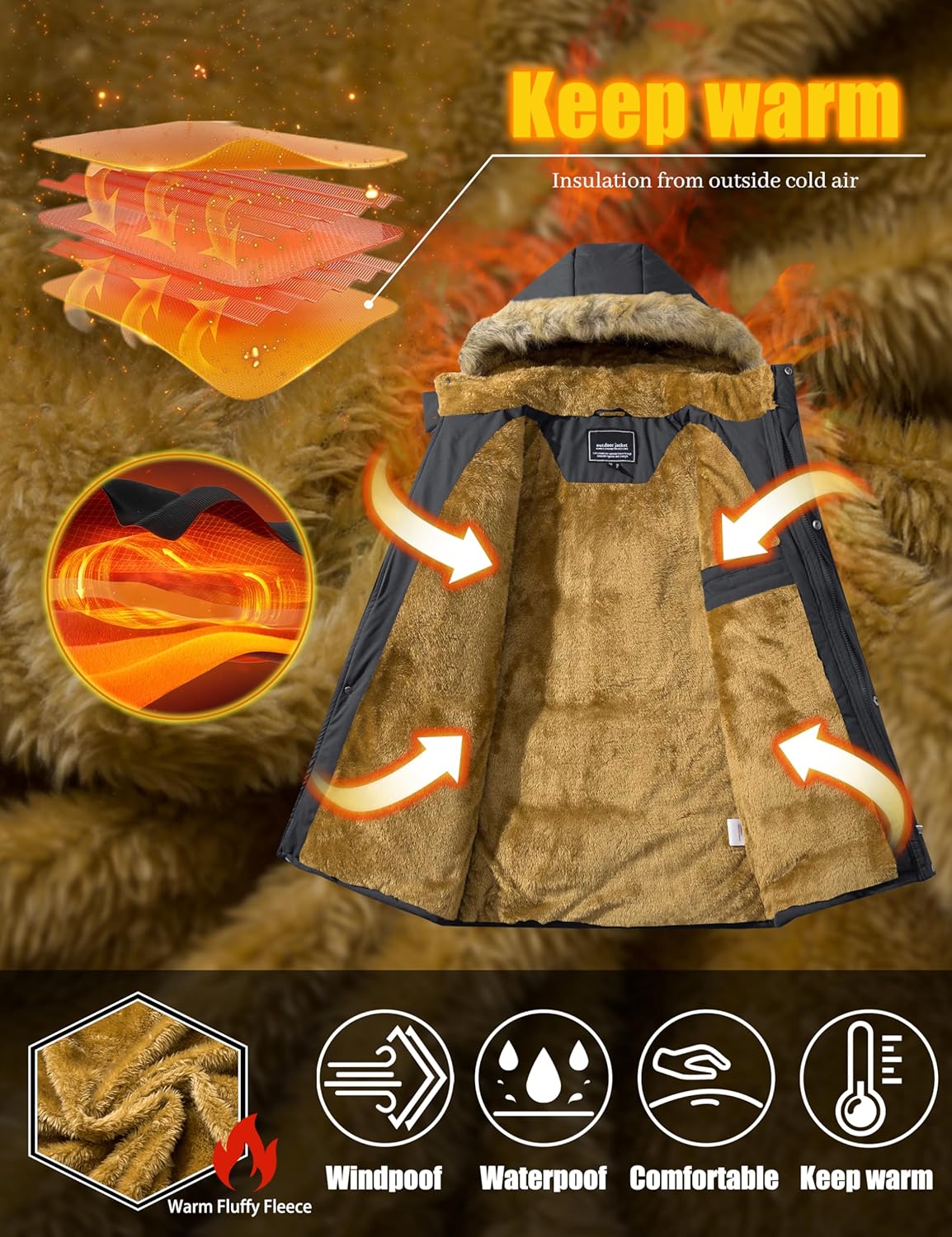 MAGNIVIT Men's Winter Jacket Fleece Lined Windproof Water-Repellent Thicken Parka Warm Full Zip Coat with Hood - Image 3