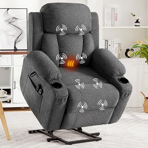 Garvee Oversized Power Lift Recliner Chair with Heat and Massage, Chenille | Large Electric Lift Recliner for Elderly & Mobility Impaired, Reclining Chair with 2 Cup Holders, USB Port for Living Room