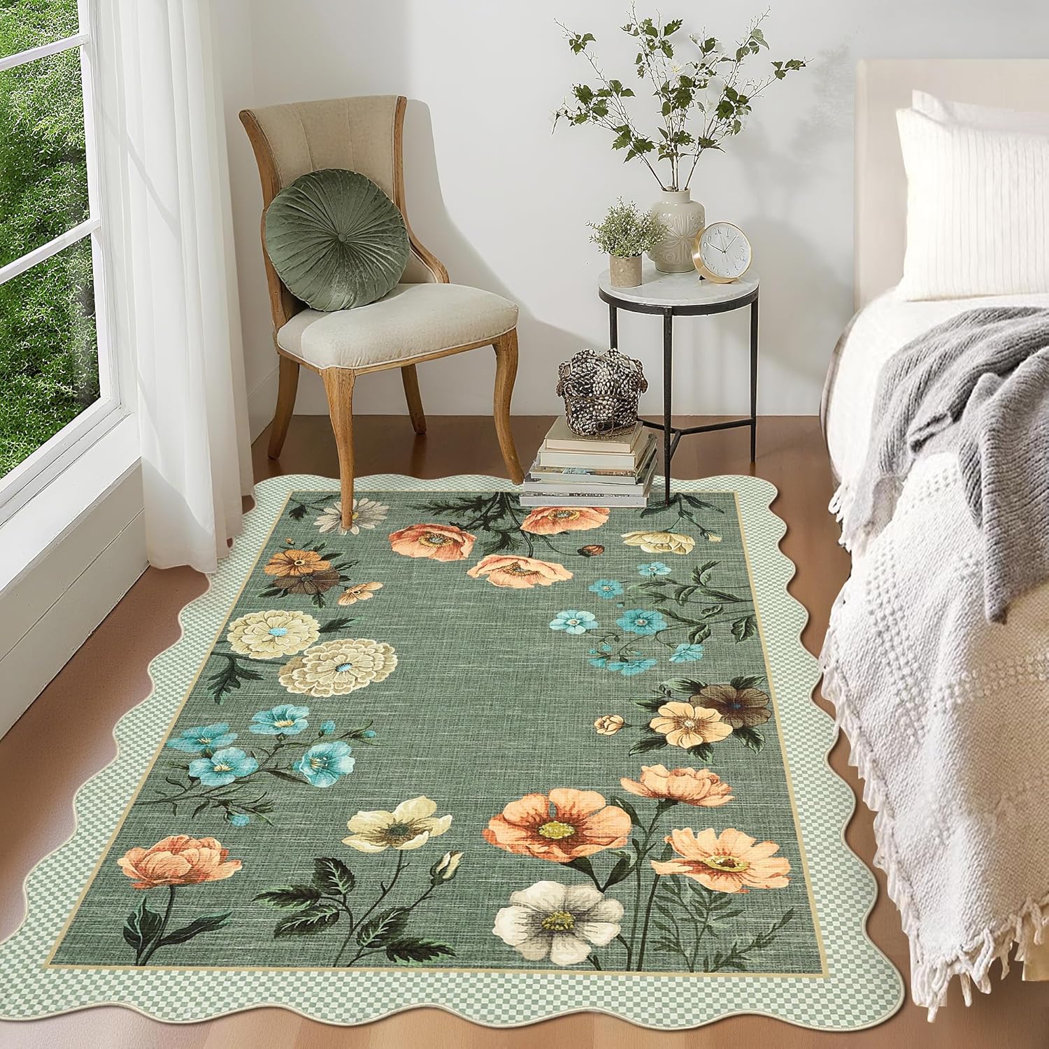 GarveeHome Floral 4x6 Rug, Ultra-Thin Soft Scalloped 4X6 Area Rug for Living Room, Non-Slip Stain Resistant Boho Lightweight Low-Pile Throw Rug for Nursery Office, Green