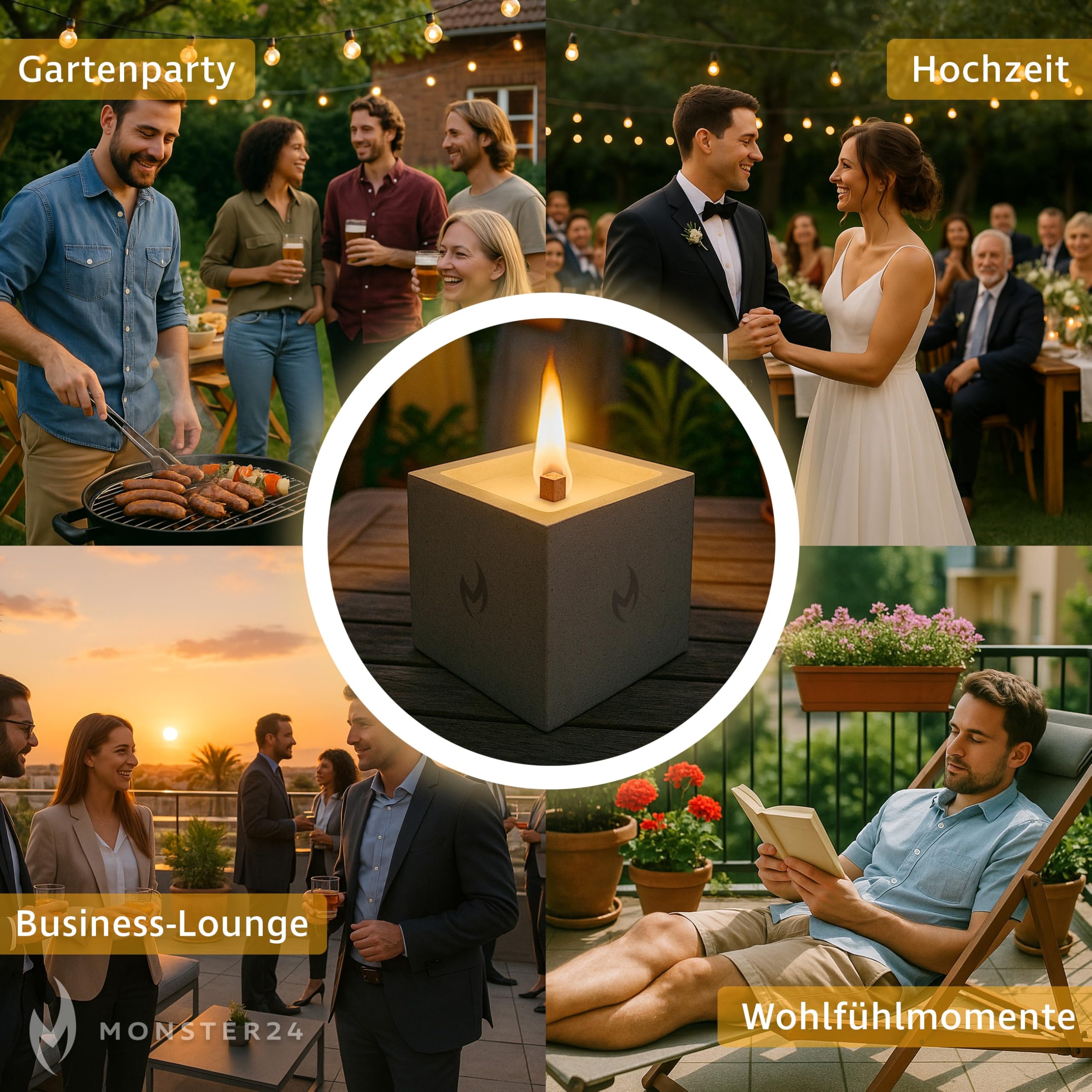 Monster24 Betonkerze Outdoor 15x15x15 cm mit Dauerdocht – Tischfeuer mit Bambusdeckel - Windfestes Gartenlicht, Gartenfackel für Terrasse Balkon - Beton Tischkerze wiederbefüllbar als Outdoor-Deko