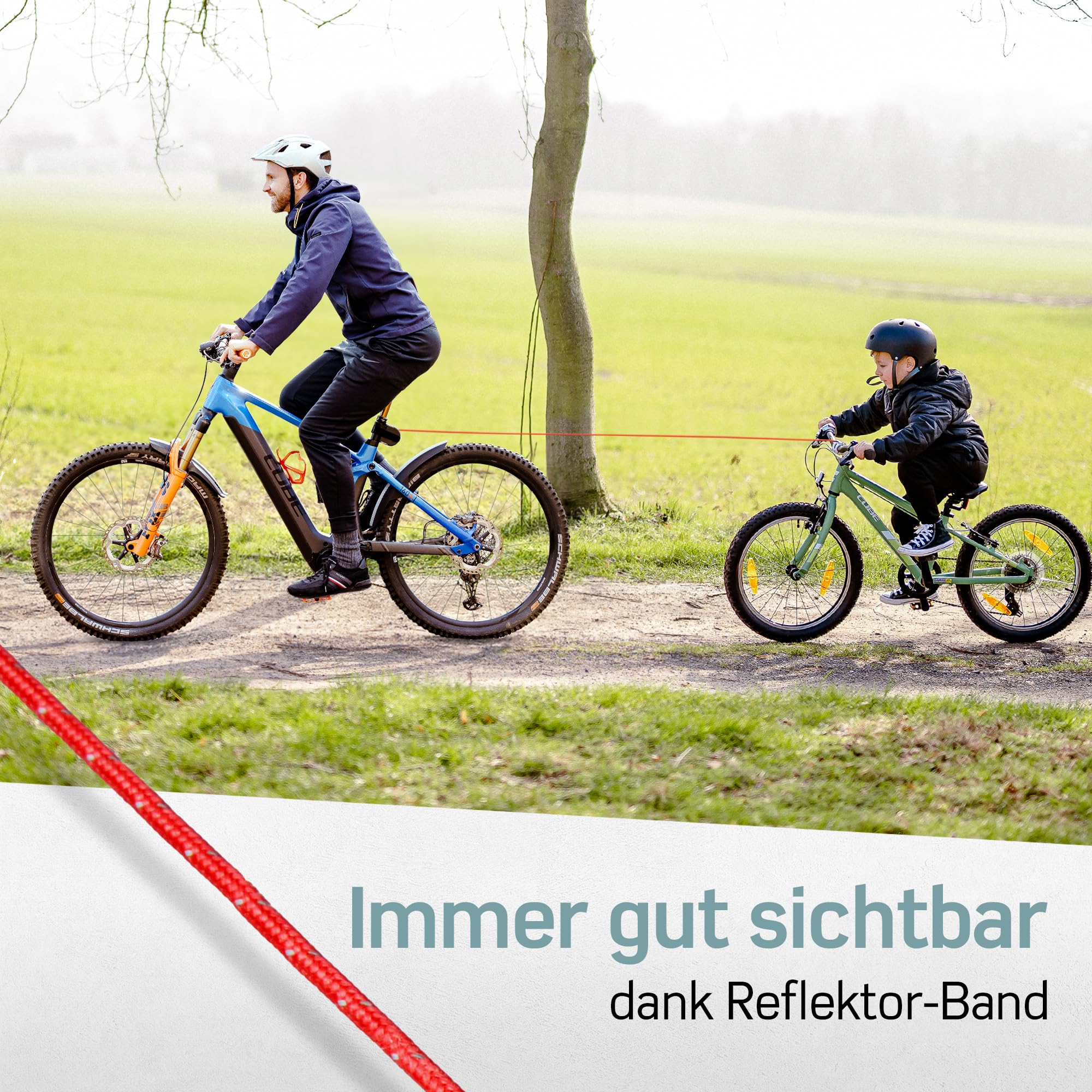 Borgen Fahrrad Abschleppseil für Kinder und Erwachsene - Sicheres und Schnelles An- und Abkoppeln - passend für alle Lenker - Zuglast bis 120 kg - Ziehhilfe Seilzug, Follow me Fahrradseil