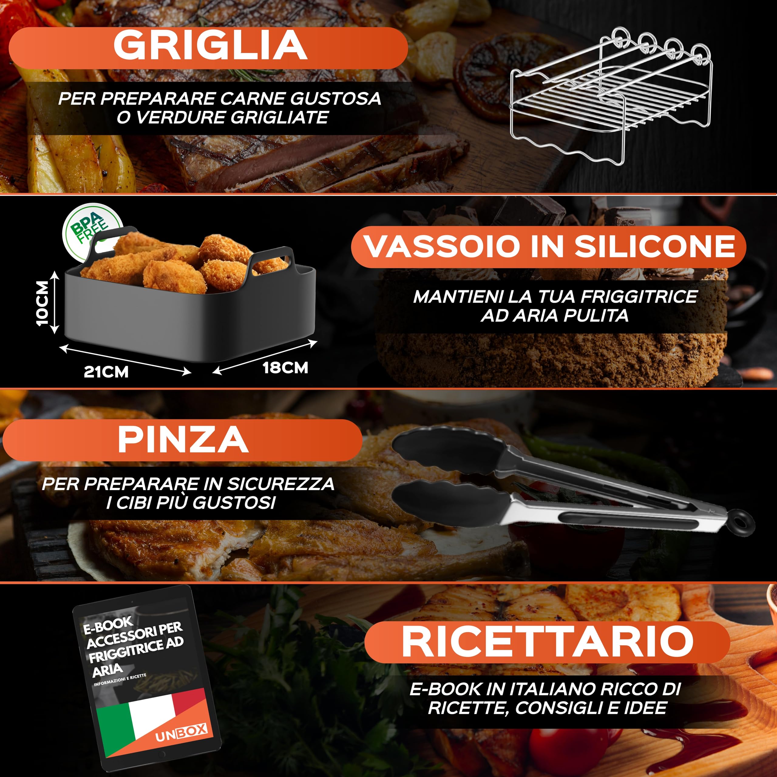 UNBOX Accessori Friggitrice ad Aria - Accessori Airfryer Doppia 1×10,4L e 2×5,2L per Ninja Foodi Flexdrawer AF500EU 10,4L e Cosori Dual Blaze 10L - Con Teglia in Silicone e eBook di Ricette