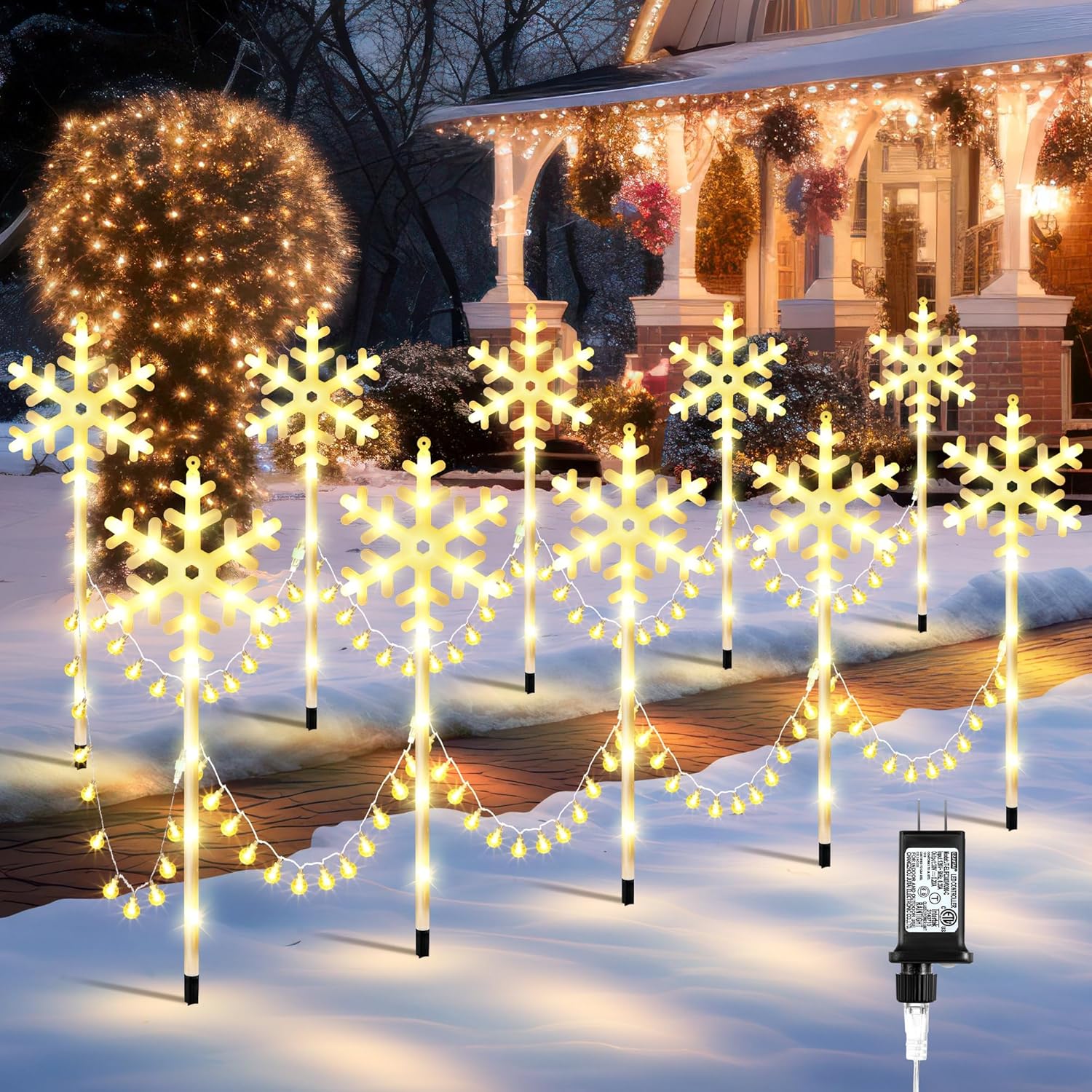 Christmas Snowflake Pathway Lights Outdoor, Set of 10 Christmas Pathway Lights with 8 Lighting Modes, Outdoor Xmas Decorations with Timer for Holiday Walkway Patio Yard Garden(Warm White)