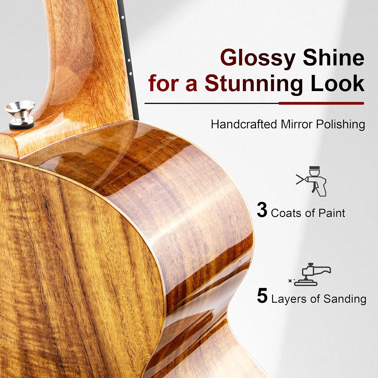 Caramel CAG28 Glossy Curly Acacia 23" Concert Ukulele for Beginner | Handmade Ukelele Starter Kit