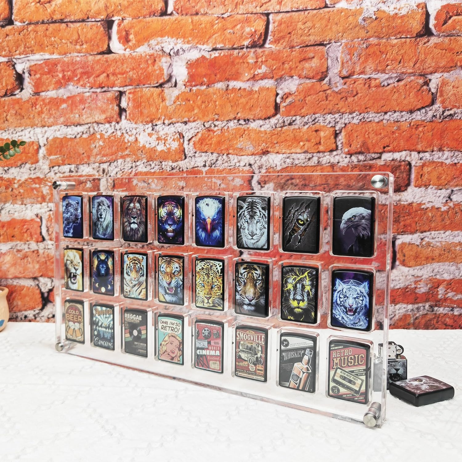 24-Slot Wall-Mounted Acrylic Display Case for Zippo Lighters - Clear Collector Cabinet, for Men and Lighter Enthusiasts