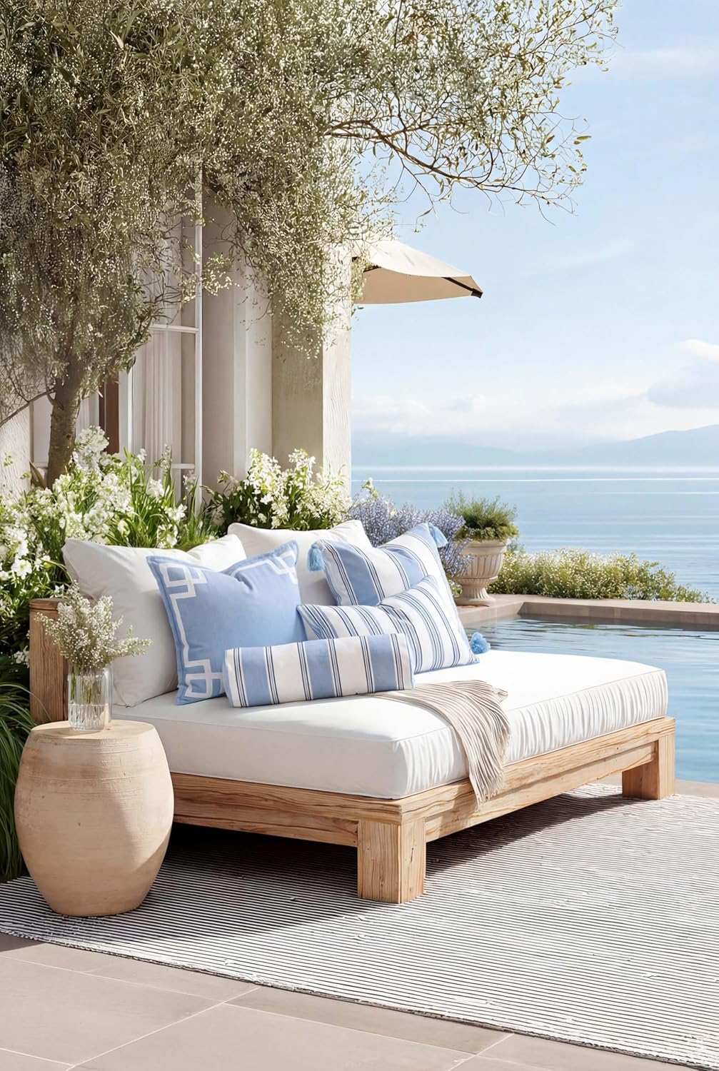 Hofdeco Premium Coastal Hampton Outdoor Performance Throw Pillow Cover Only, 20"x20" Water Repellent, UV and Fade Resistant for Backyard, Couch, Poolside, Azure Blue Indigo Woven Harbor Stripes