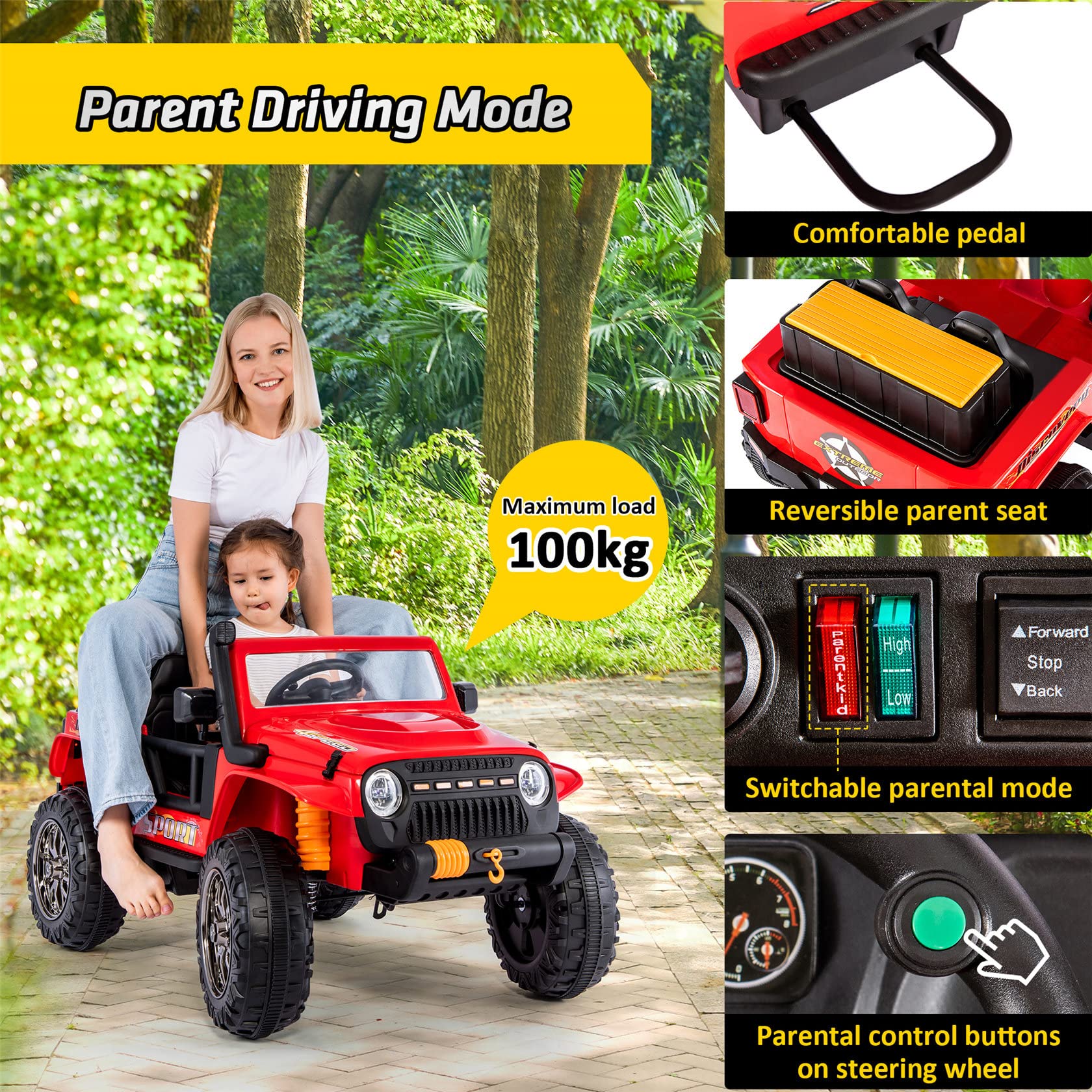Auto Elettrica per Bambini 12v, Auto Elettrica con Telecomando, modalità Genitore, 3 Posti, USB Bluetooth. Telecomando, Soft Start, Motori 2 * 35w. Clacson, Luce Anteriore. 3-7 Km/H,Red