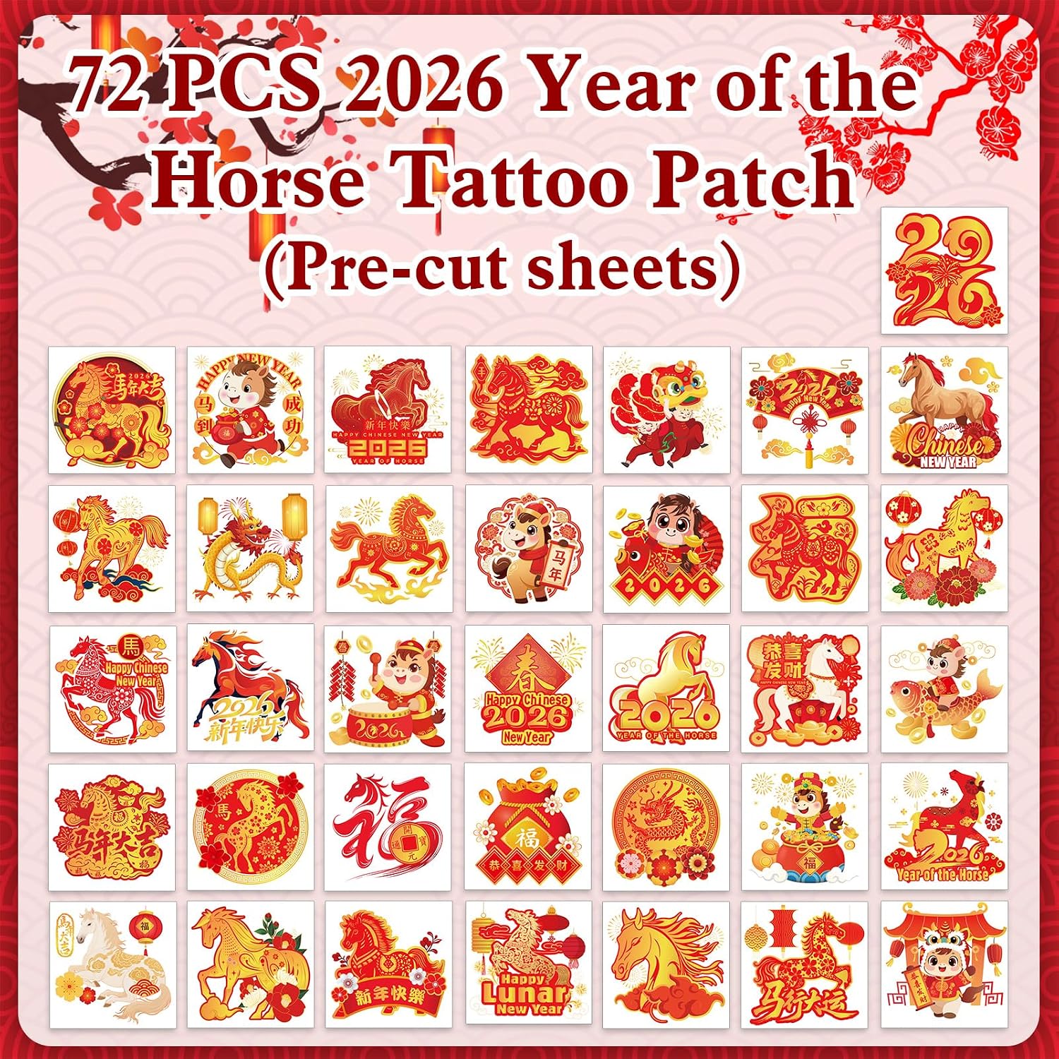 HOWAF 72pcs Chinese New Year Temporary Tattoos,2026 Year of the Horse Face Tattoos Stickers,Red Gold Lunar New Year Fake Tattoos for Spring Festival Decorations,Chinese Tattoos for Boys and Girls
