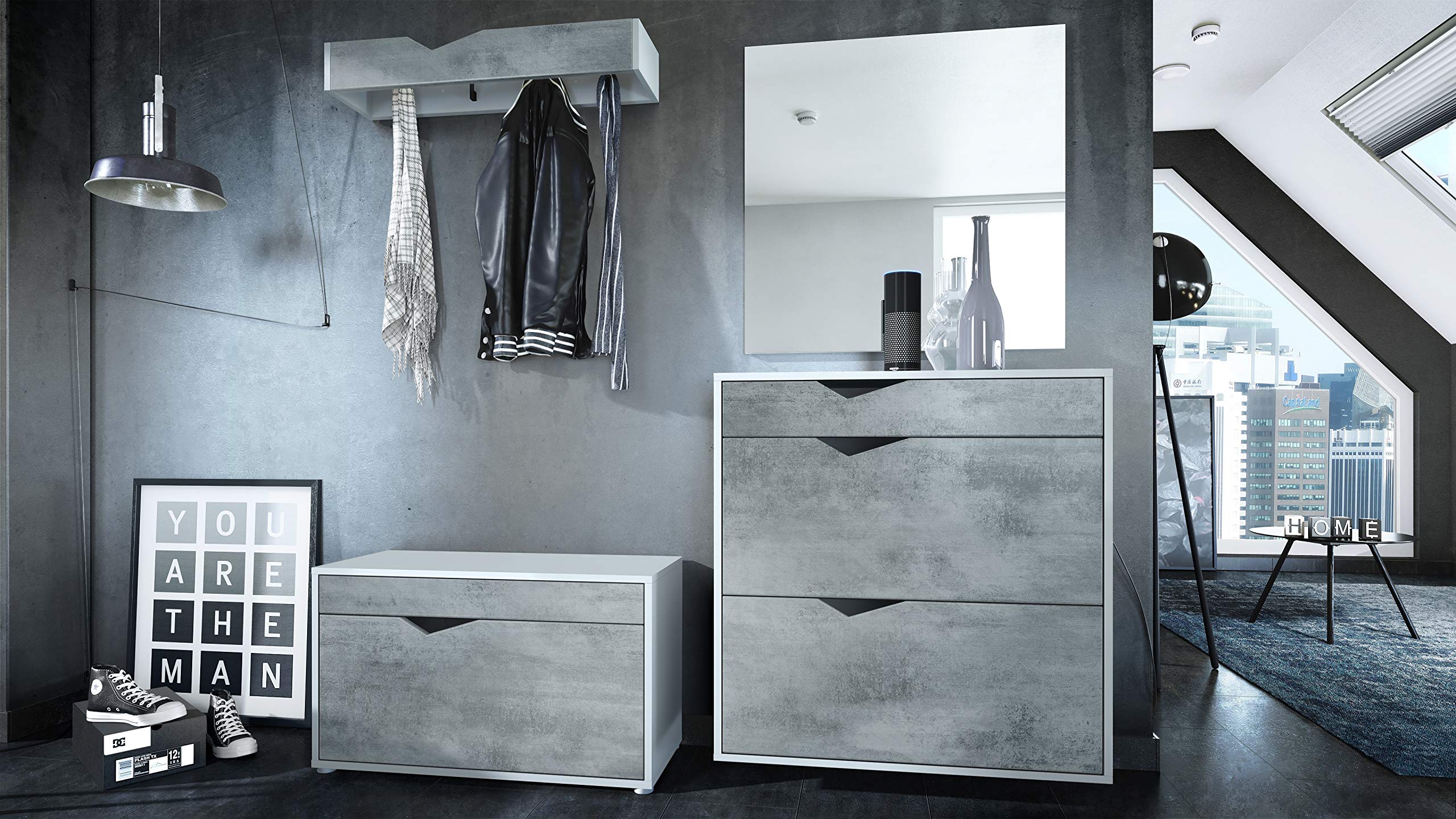 Ensemble Vestiaire Kolmio 190 X 185 X 33 Cm Portemanteau De Couloir Caisson En Blanc Mat Facades En Aspect Beton Oxyde Grand Choix De Couleurs