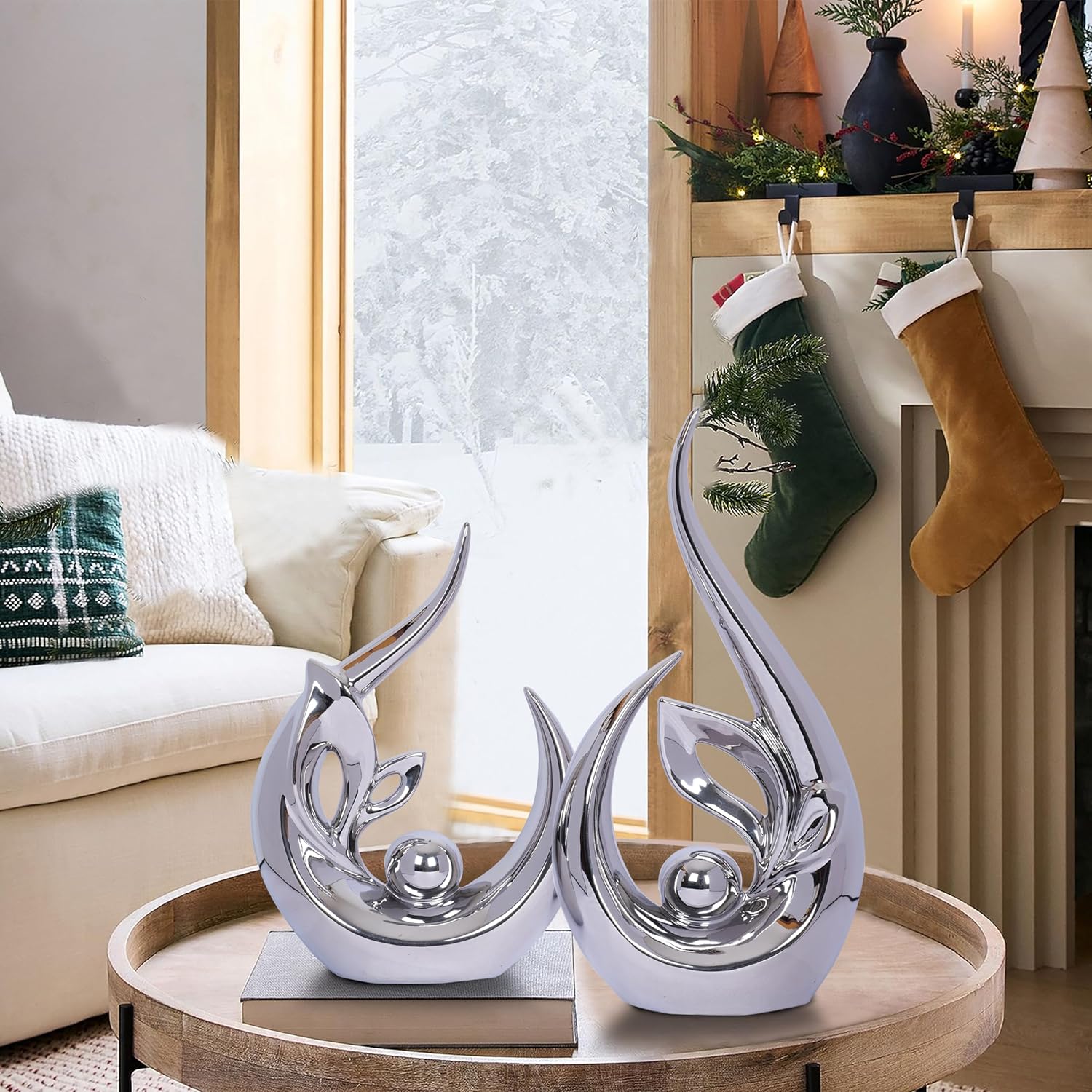 2 PCS Silver Decor Accent Ceramic Statue Abstract Sculptures Centerpieces Mid Century Modern Decor for Tables Coffee Table top Decorations for Living Room Desktop Shelf Dining Room Kitchen