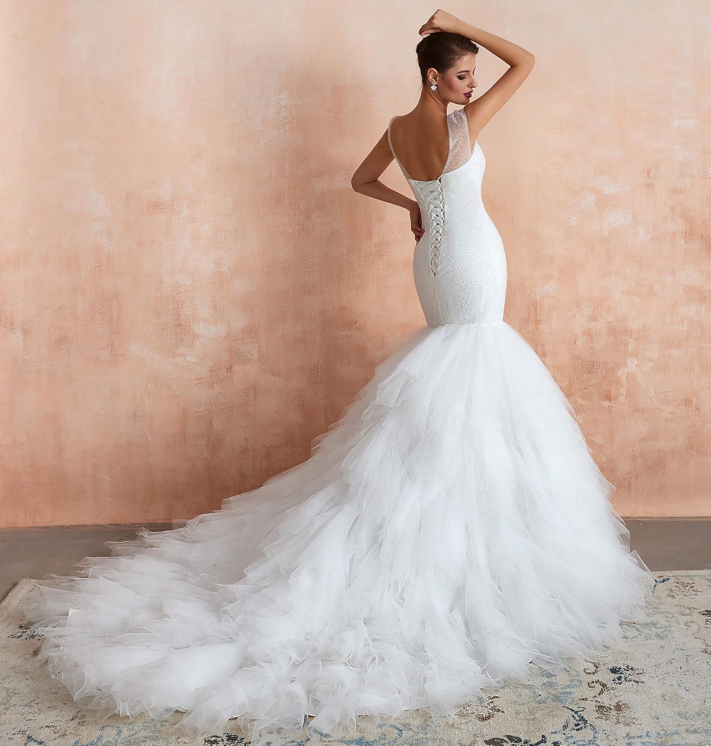 Women's V-Neck Sequins Lace-up Layered Mermaid Wedding Dress White US4