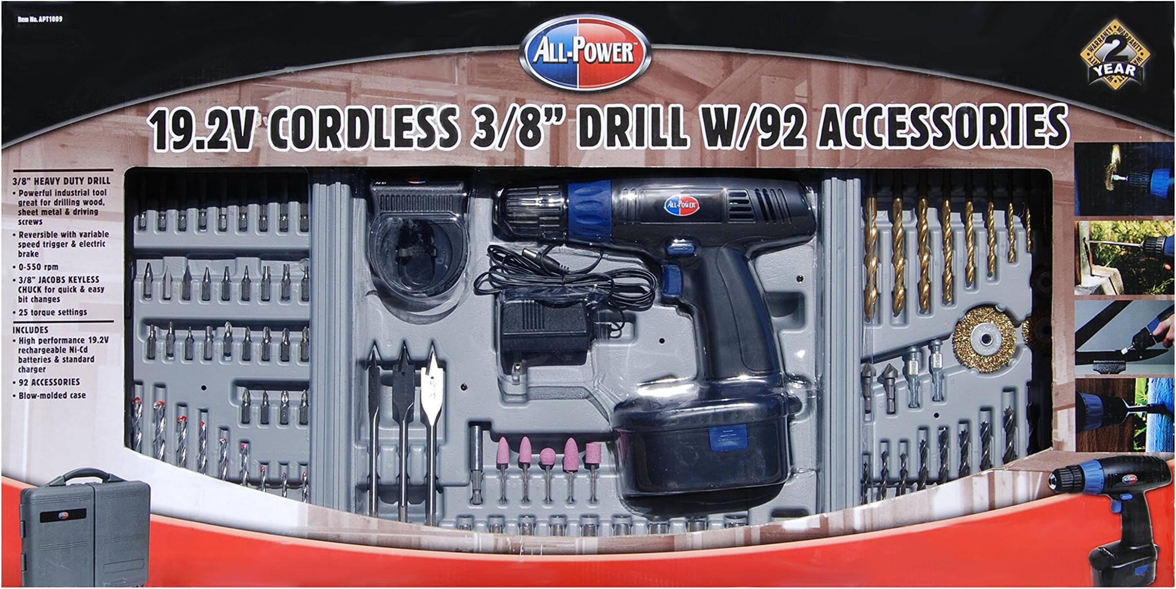 All Power America APT1009 92 Piece 19.2 Volt Cordless Drill Kit