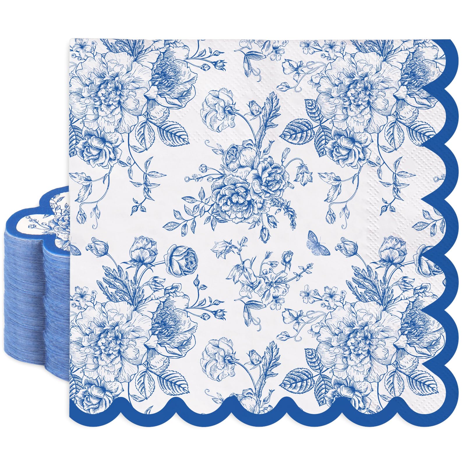 FYSUIMU 100Pcs Blue Floral Paper Napkins Vintage Wildflower Disposable Napkin with Scalloped Edge Luncheon Dinner Napkins for Wedding Birthday Party