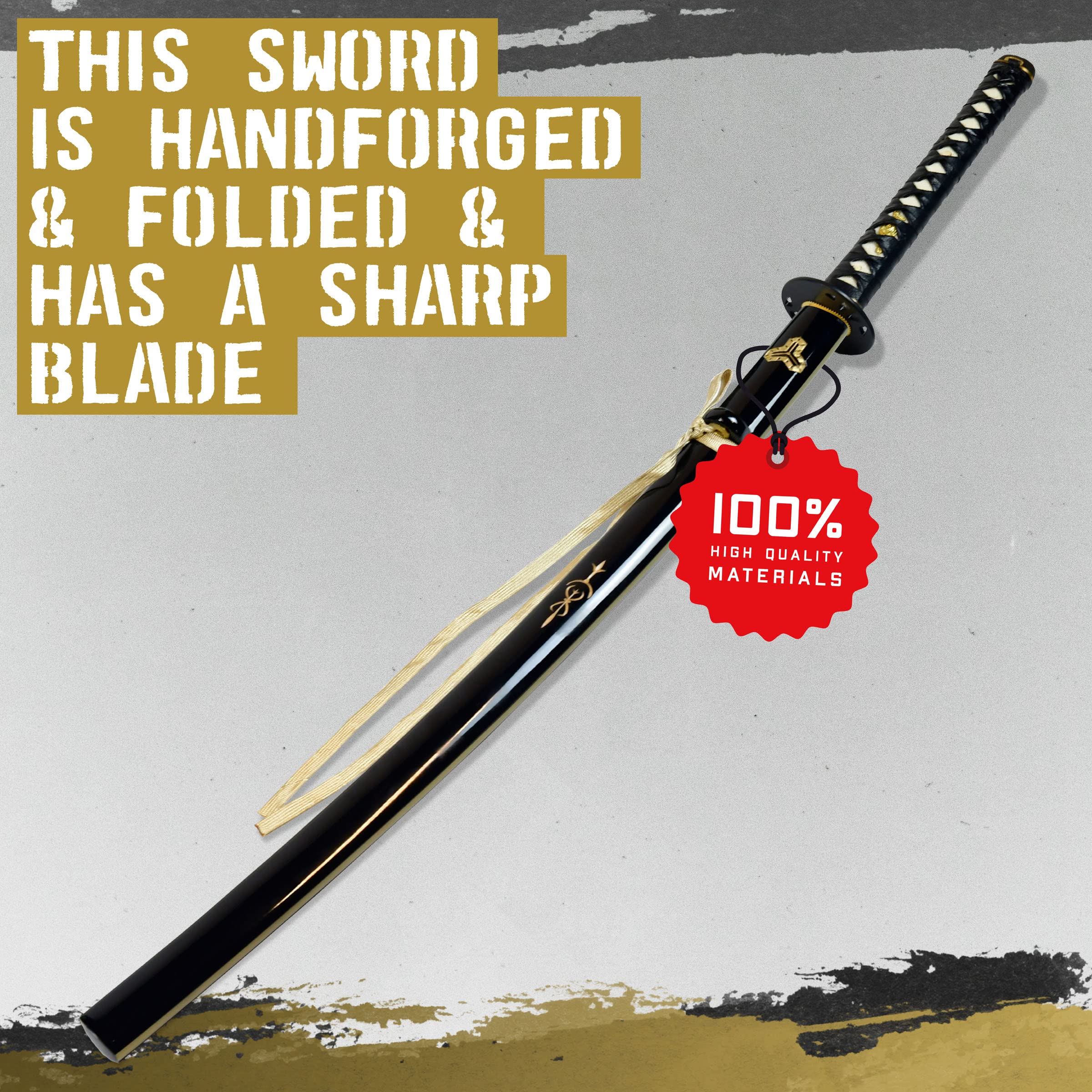 Töte Bill - Hattori Hanzo Schwert - handgeschmiedet & gefaltet, Set - Blutdamast Edition, Katana aus gefaltetem Hartstahl, Set mit Scheide, Ständer, Pflegeset, für das Schwerttraining & Sammlungen