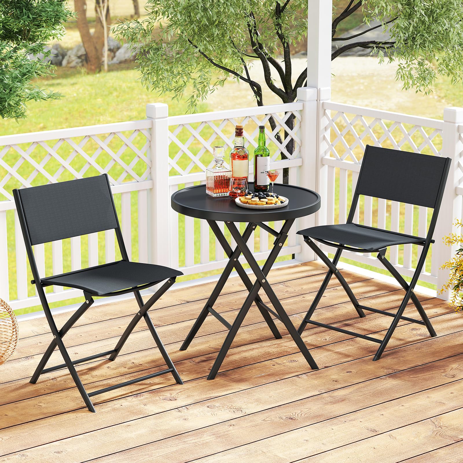 GIANTEX Ensemble Salon de Jardin 3 Pièces Table Ronde Pliante Verre Trempé 2 Chaise Pliantes Tissu Respirant Noir