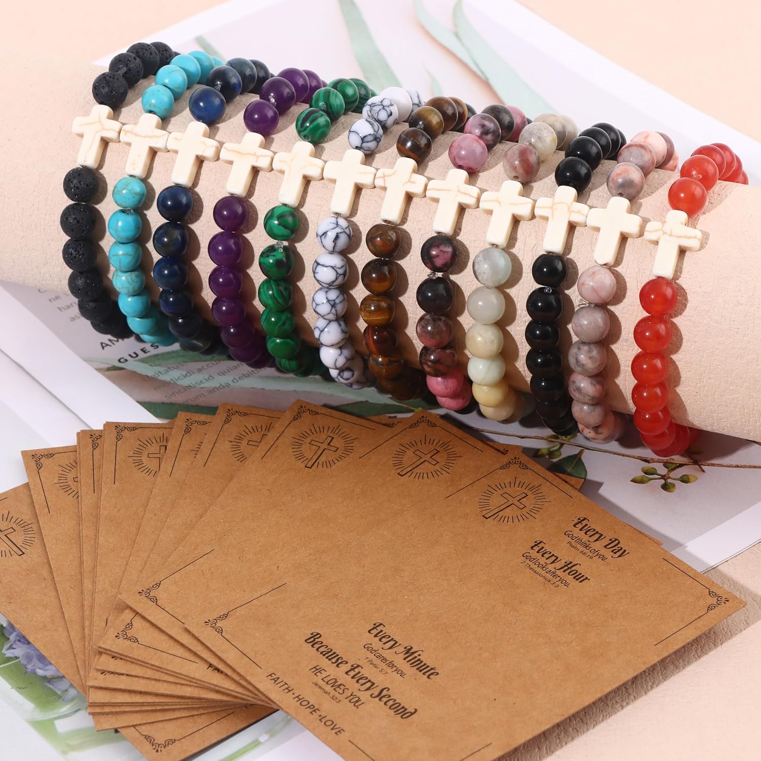 CASDAN 12Pcs Cross Beaded Bracelets for Women Men 8mm Easter Basket Stuffers Natural Stone Crystal Bracelet Semi-Precious Gemstone Beads Bracelets Set for Christian Christmas Gifts - Image 5