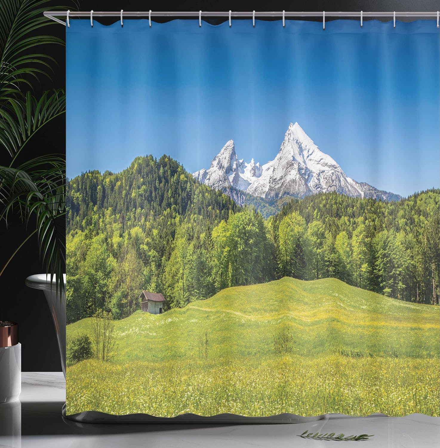 Ambesonne Germany Shower Curtain, Bavarian Alps Village of Berchtesgaden and Watzmann Germany, Cloth Fabric Bathroom Decor Set with Hooks, 69" W x 70" L, Forest Green Fern Green