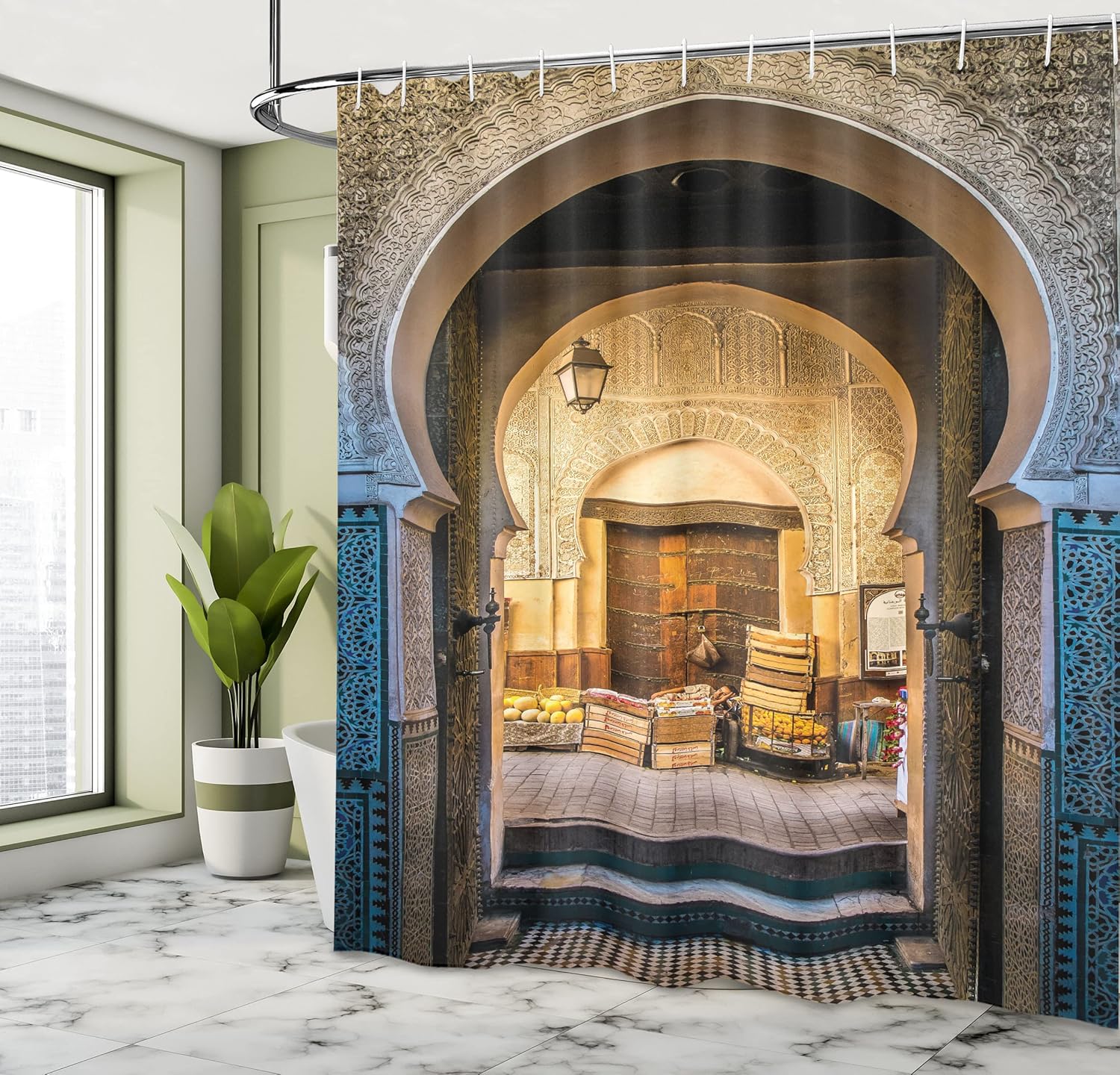 Ambesonne Moroccan Shower Curtain, Typical Moroccan Door to Old Medina Mediterranean Historical Arch Entrance Art, Cloth Fabric Bathroom Decor Set with Hooks, 69" W x 84" L, Beige Blue