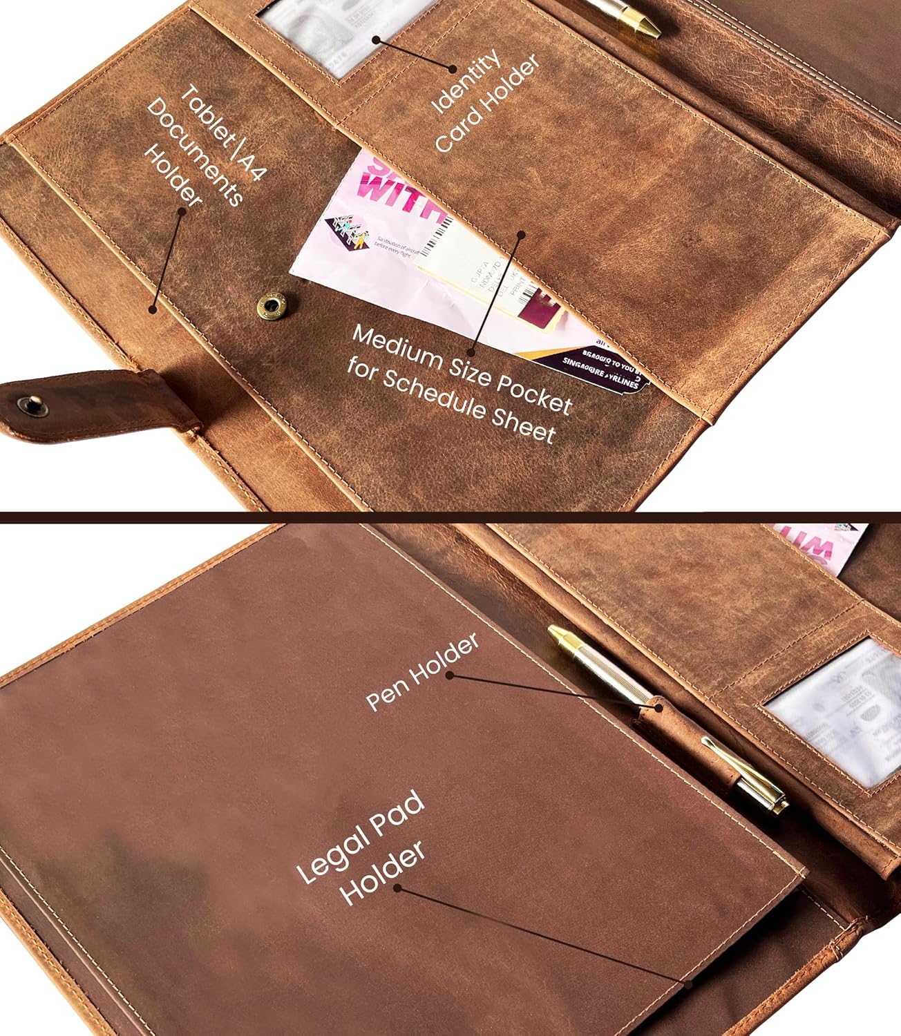 Leather A4 Conference Folder | Professional Organizer for Men and Women | Handmade Durable Leather Portfolio with Sleeves for Documents and Notepad by Rustic Town (Brown) - Image 4