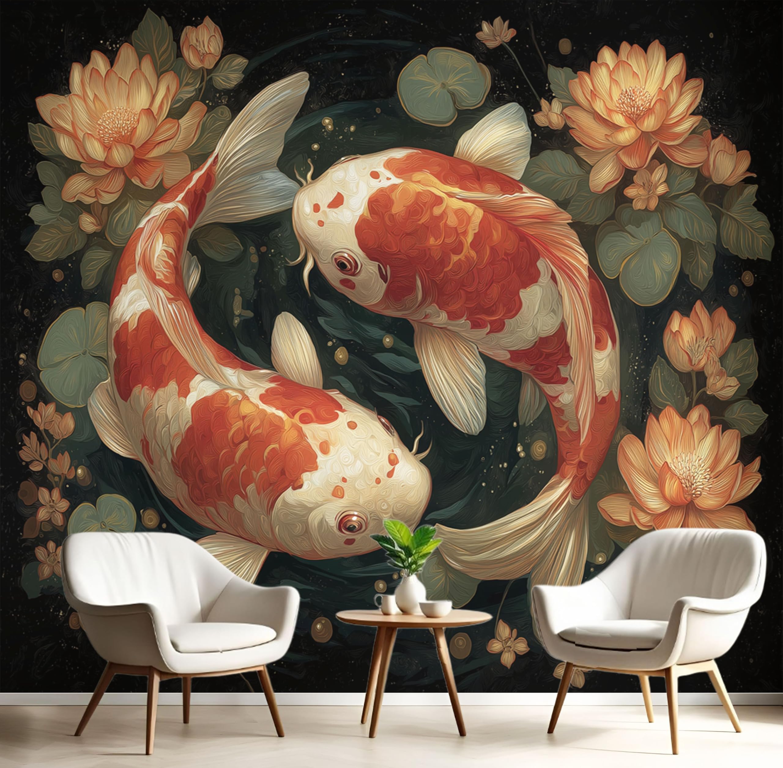 Papier peint panoramique vert foncé Koi Rêveur 200x140cm pour décoration murale de salon