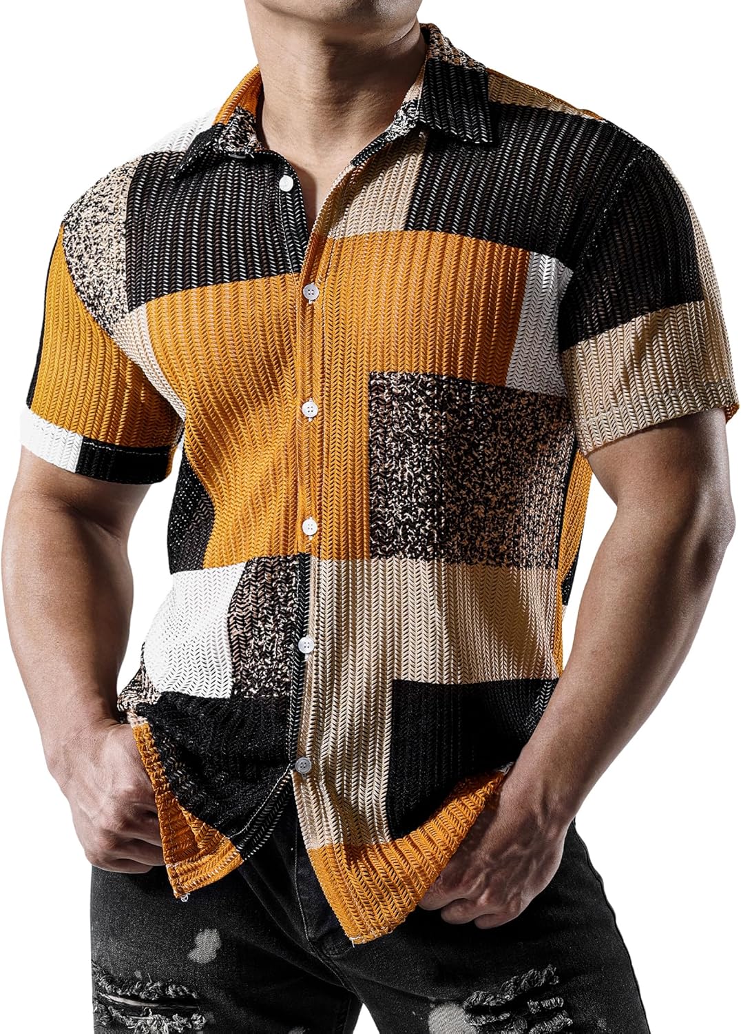 JOGAL Mens Mesh See Through Floral Shirts Stretch Wrinkle-Free Regular Fit Short Sleeve Casual Button Down Summer Shirts