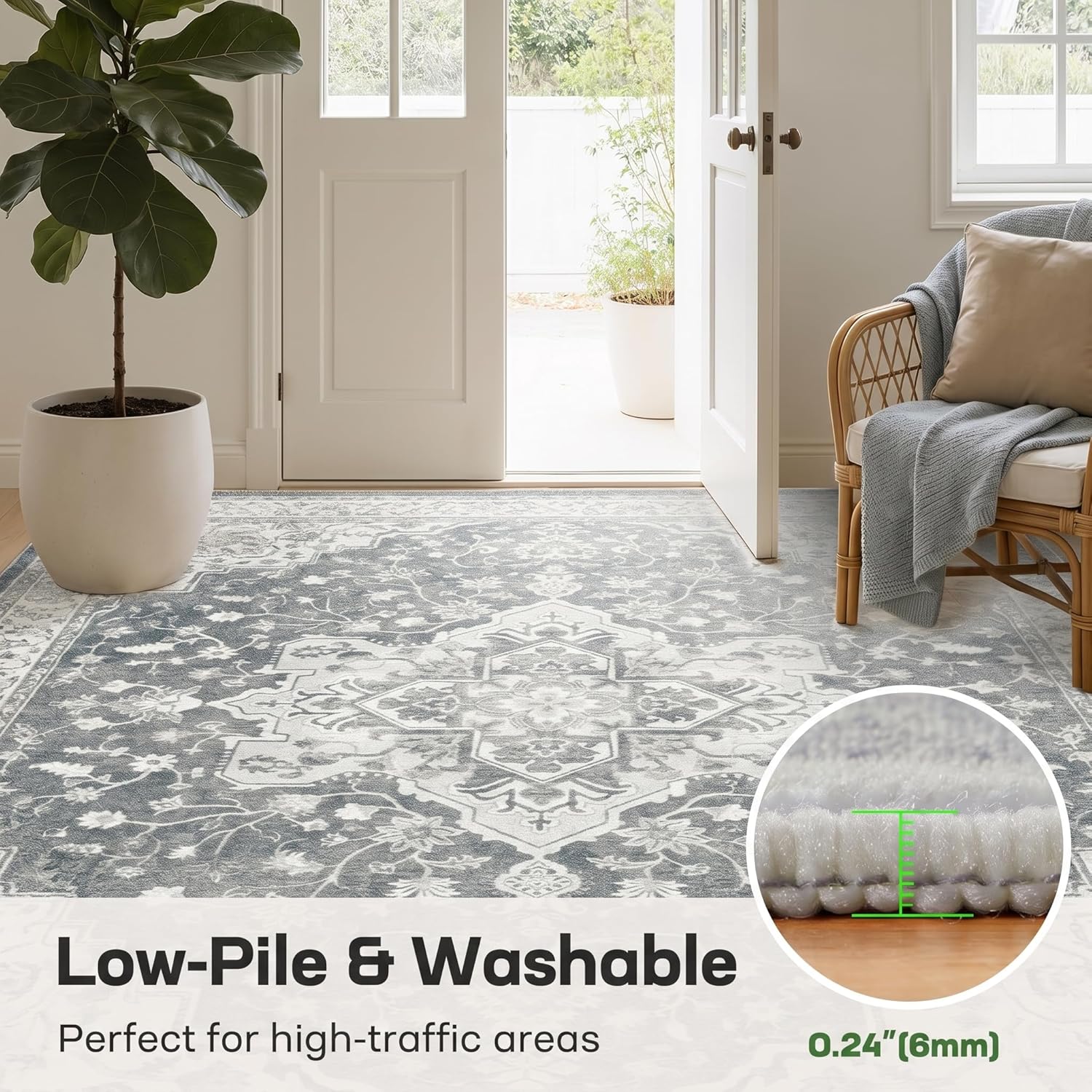 Marsail 8x10 Machine Washable Area Rug, Soft Low-Pile Carpet with Non-Slip Backing and Durable Bound Edges, Vintage Floral Design for Living Room and Bedroom, Dove Grey