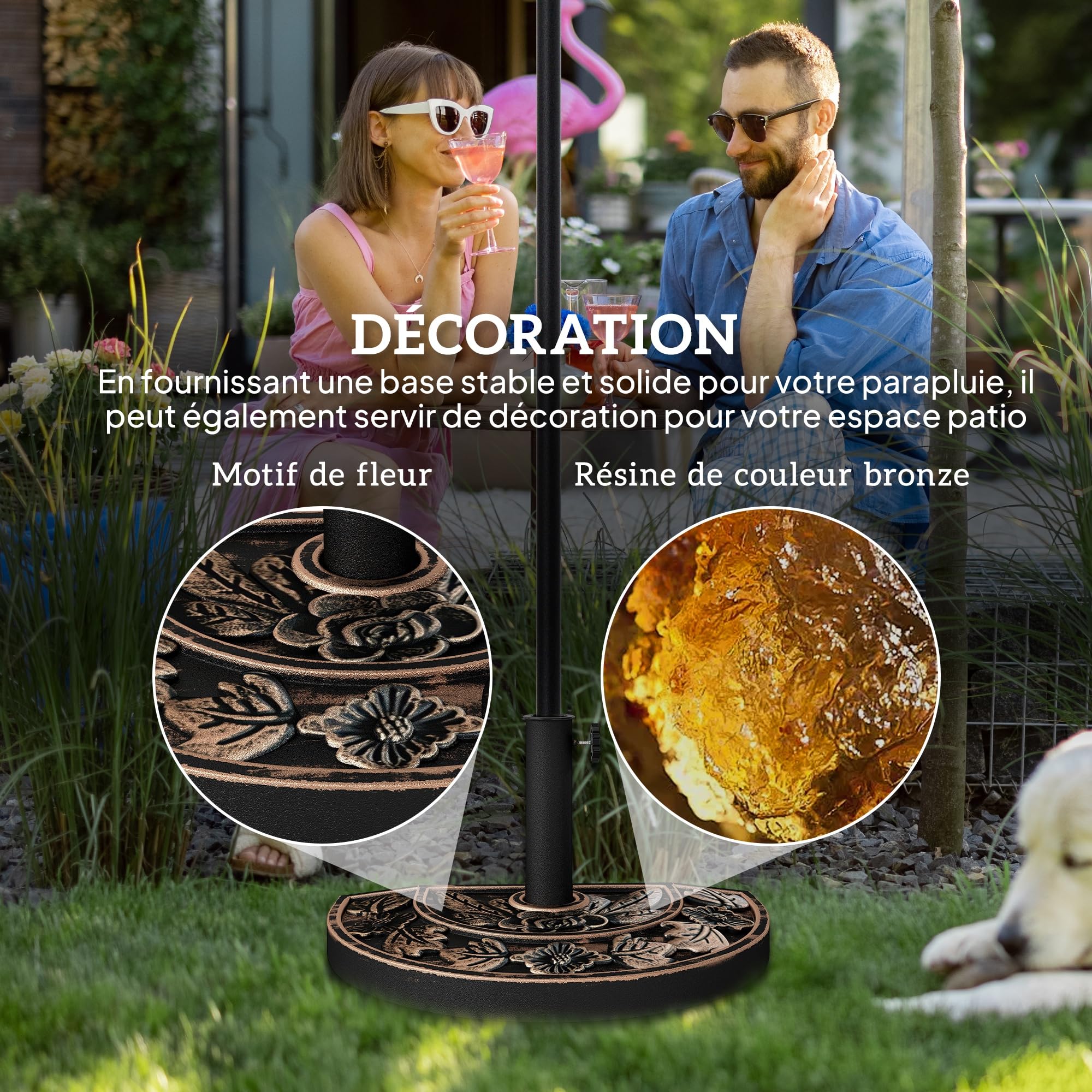 Outsunny Pied de Parasol Base de lestage Parasol Demi-Cercle Poids Net 9 kg résine Imitation Fonte Motif Fleur 50L x 31l x 32H cm Bronze