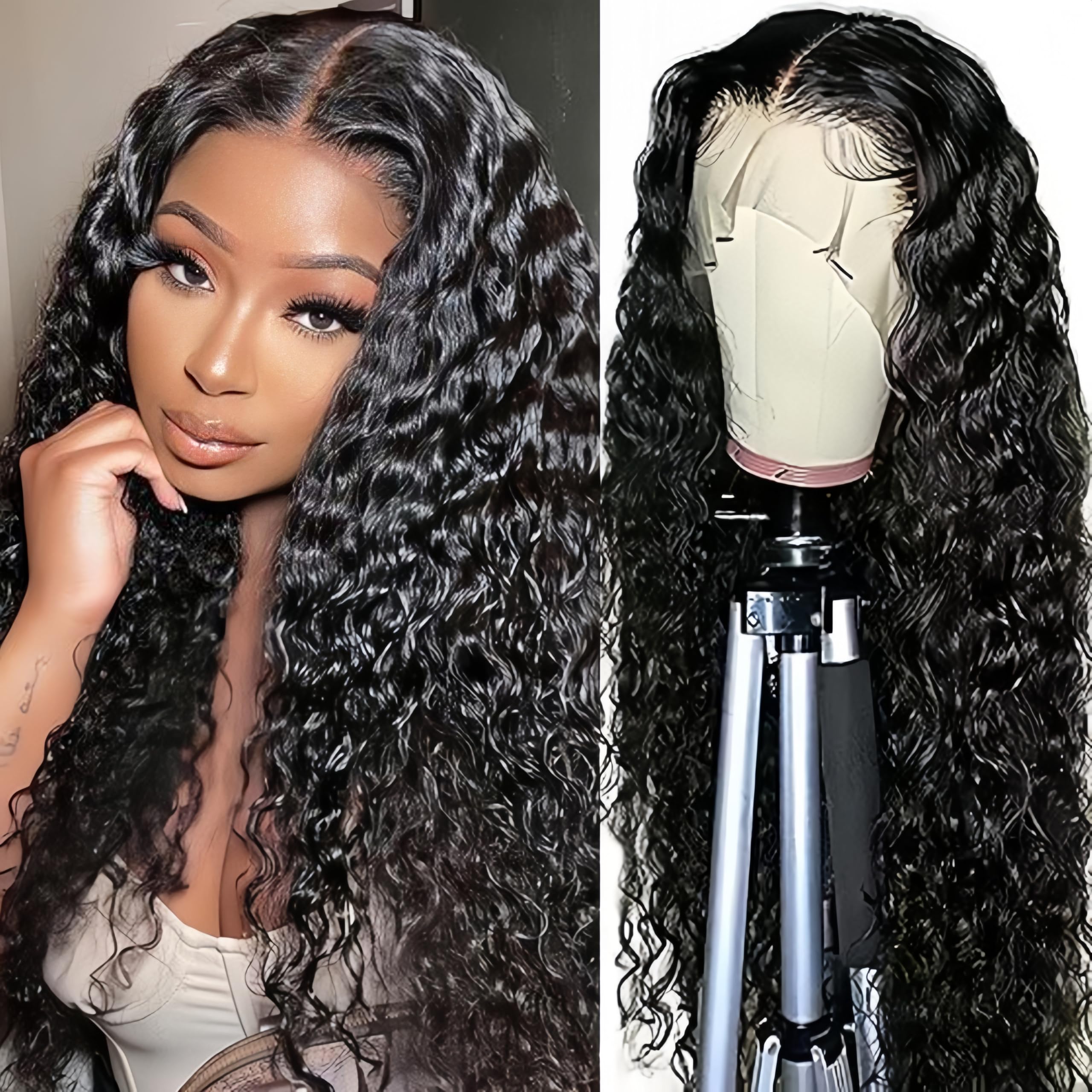 Peluca Brasileña Natural 13x4 Lace Frontal Water Wave Wig Pelucas Mujer Pelo Rizado Peluca Brasileña Cabello Humano Natural Wavy Free Part 150% Density 16 Pulgadas Color Negro Natural
