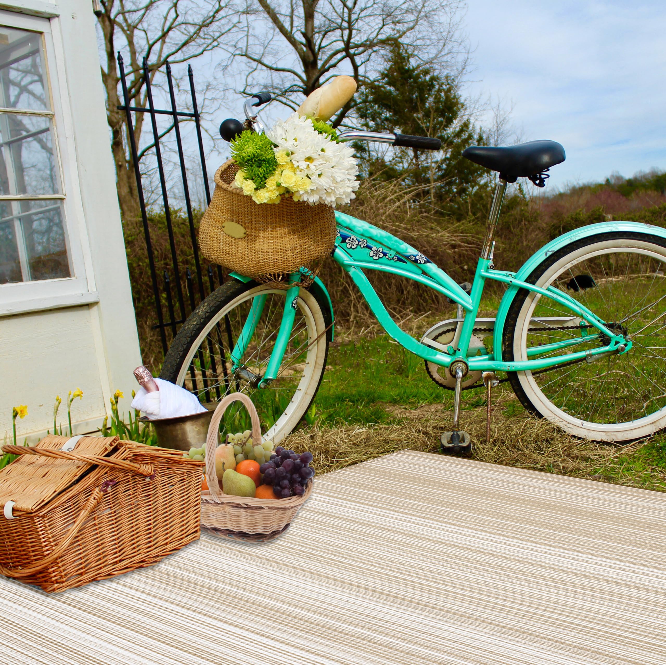 FH Home Outdoor Camping Rug - Waterproof, Fade Resistant, Reversible - Premium Recycled Plastic - Striped - Large Patio, Deck, Sunroom, RV - Havana - Beige - 9 x 12 ft Foldable