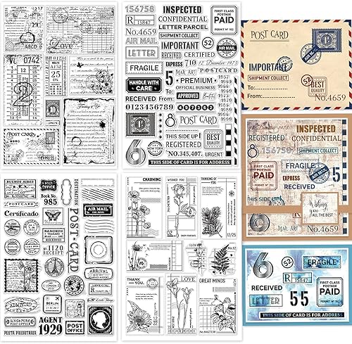GLOBLELAND 4 hojas de gran tamaño vintage postal postal sellos transparentes para hacer tarjetas, 11.7 x 8.3 pulgadas, fondo de texto, sellos de