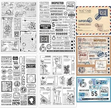 GLOBLELAND 4 Sheets Big Size Vintage Postage Postcard Clear Stamps for Card Making 11.7x8.3inch Text Background Silicone Stamp Seals Transparent Stamps for DIY Scrapbooking Journals Decorative Photo