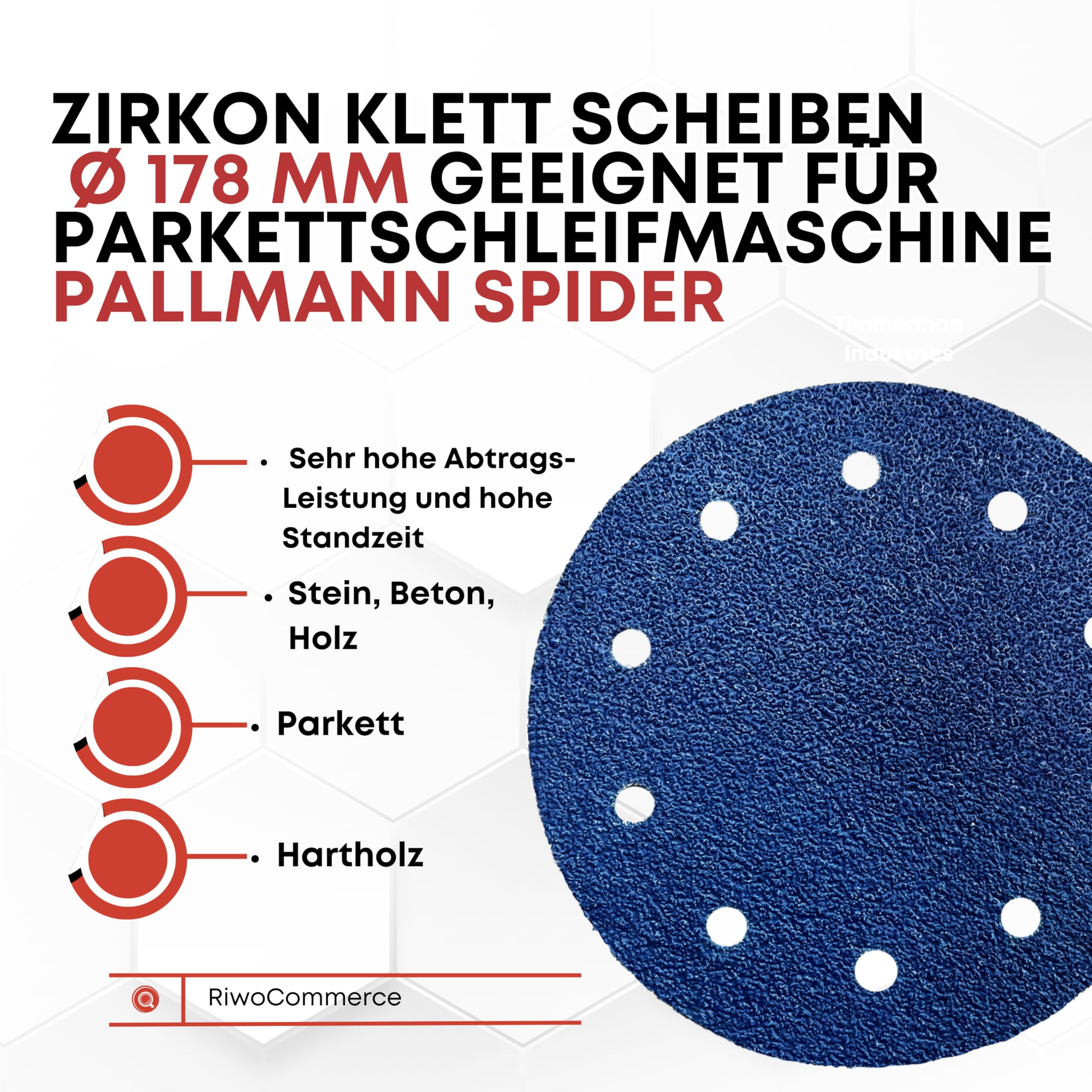 Discos resistentes abrasivos de circonio de gancho y bucle, 10 agujeros, apto para lijadora orbital - excentrica o Pallmann Spider Ø 178 mm grano 36 (50 unidades)