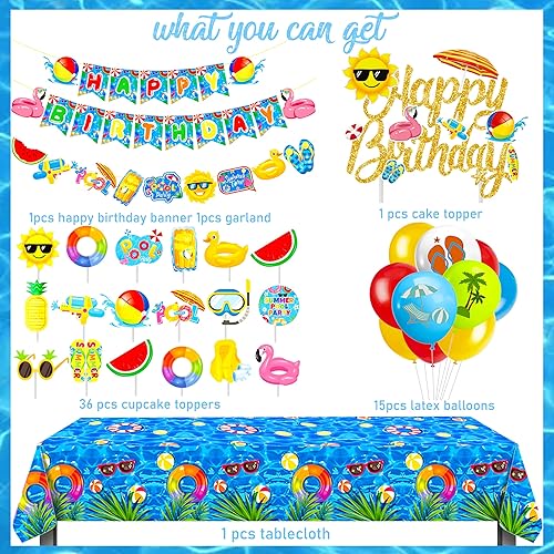 Miniatura 2 de Juego de decoraciones de fiesta de cumpleaños para piscina, pancartas de feliz cumpleaños, fiesta de piscina, decoración de tartas, decoración de