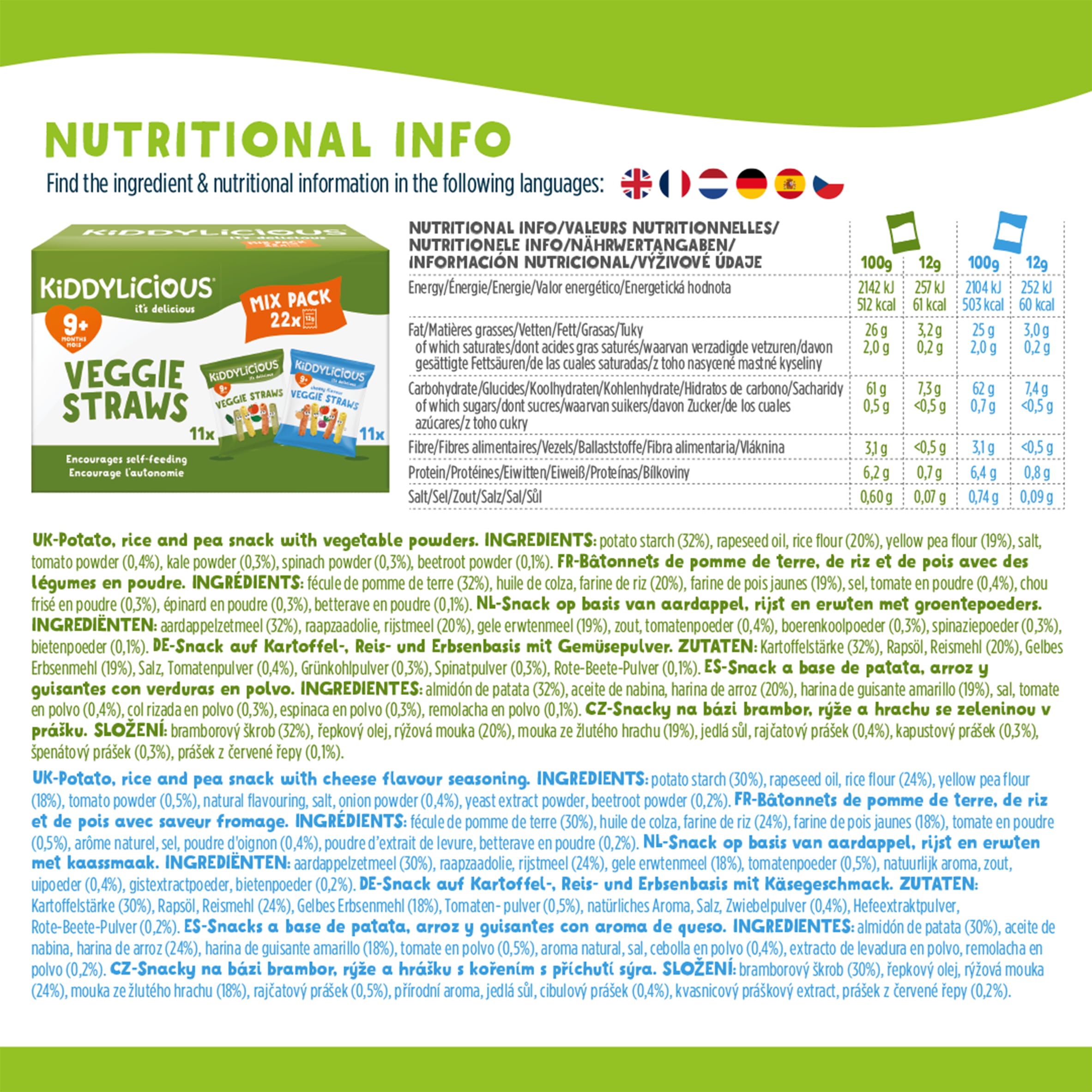 Kiddylicious Veggie Straws Mix Pack 22x12g 264g Snacks para Bebés a Partir de 9 Meses