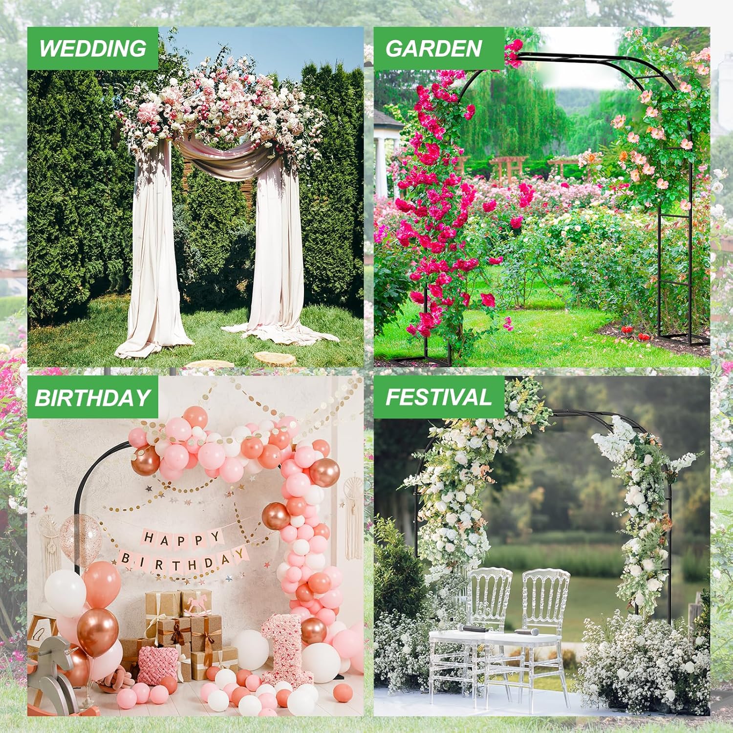 Metal Garden Arch Trellis Arbor, Wedding Arch Stand with Steel Frame,5.3'W * 7.6'H or 7.9'W * 6.3'H Ft,for Garden Arbor Trellis & Climbing Plant, Bridal Party & Ceremony Decorations (Black)