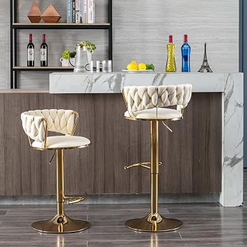 Velvet Swivel Barstools Set of 2 - Counter Height Bar Stools,Adjustable Lifting Pub Chair with Stable Golden Base & Back for Kitchen Island, Cafe,Bar Counter,Dining ChairsCream