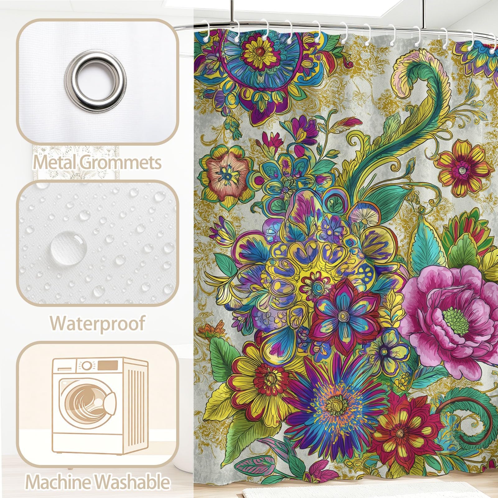 Générique Rideau Douche Luxueux Floral, Rideau de Douche 180 x 200 cm Anti Moisissure Tissu Lavable Romantique Pivoine Liane Rideaux Salle de Bain Baignoire avec Crochets, Vert