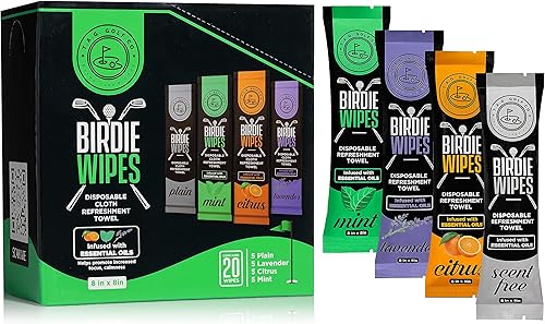 TAG Golf Co Birdie Wipes - Toalla de algodón húmedo de 8 x 8 pulgadas, envuelta individualmente, desechable, calientefrío, paquete de 20 variedades