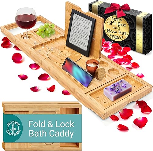 Miniatura 12 de SereneLife Carrito de baño de bambú con diseño plegable y bloqueo, bandeja de bañera expandible de 30 a 43 pulgadas, bisagras plegables de fácil