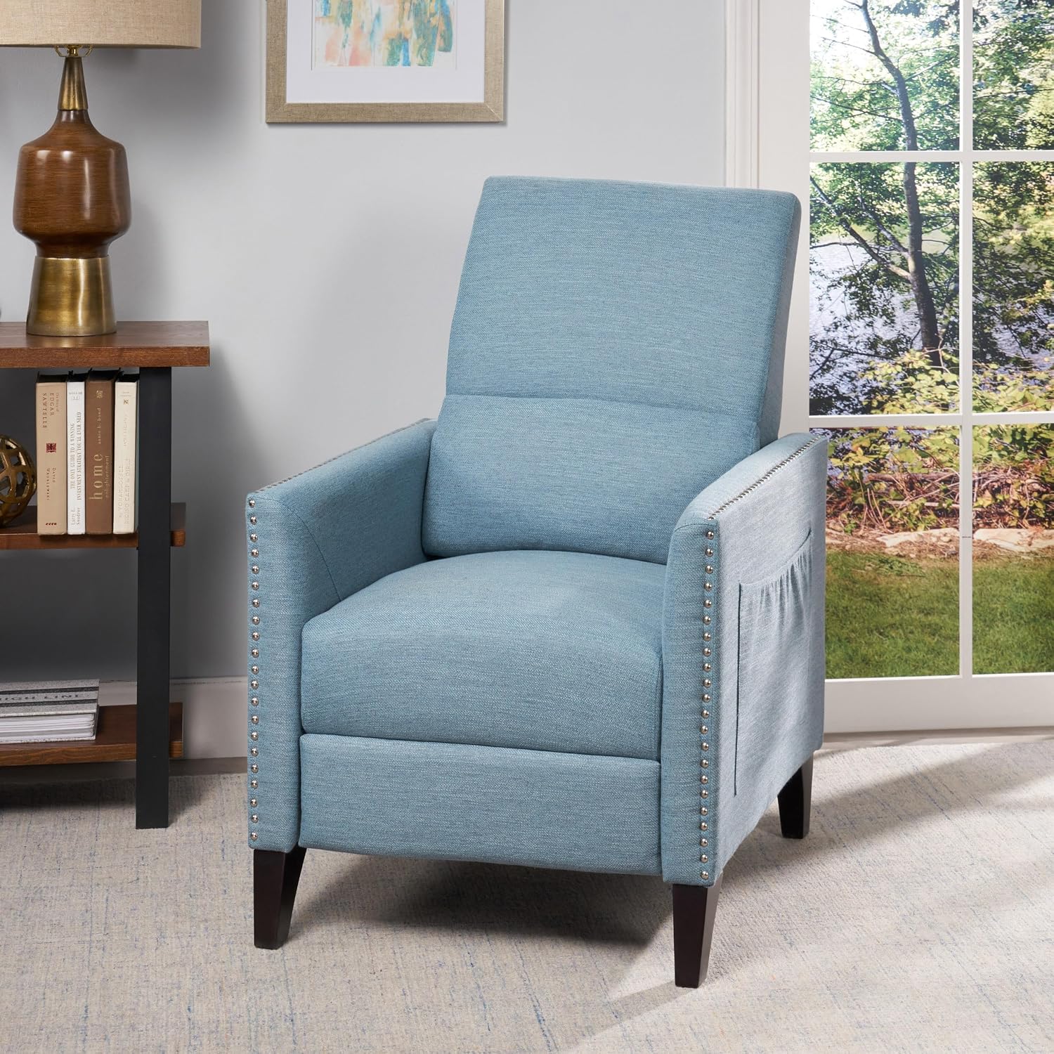 Push Back Recliner Chair with Side Pockets: Comfortable Nursery & Living Room Accent Chair for Parents - Upholstered Blue Fabric Recliner with Nailhead Trim & Wood Legs