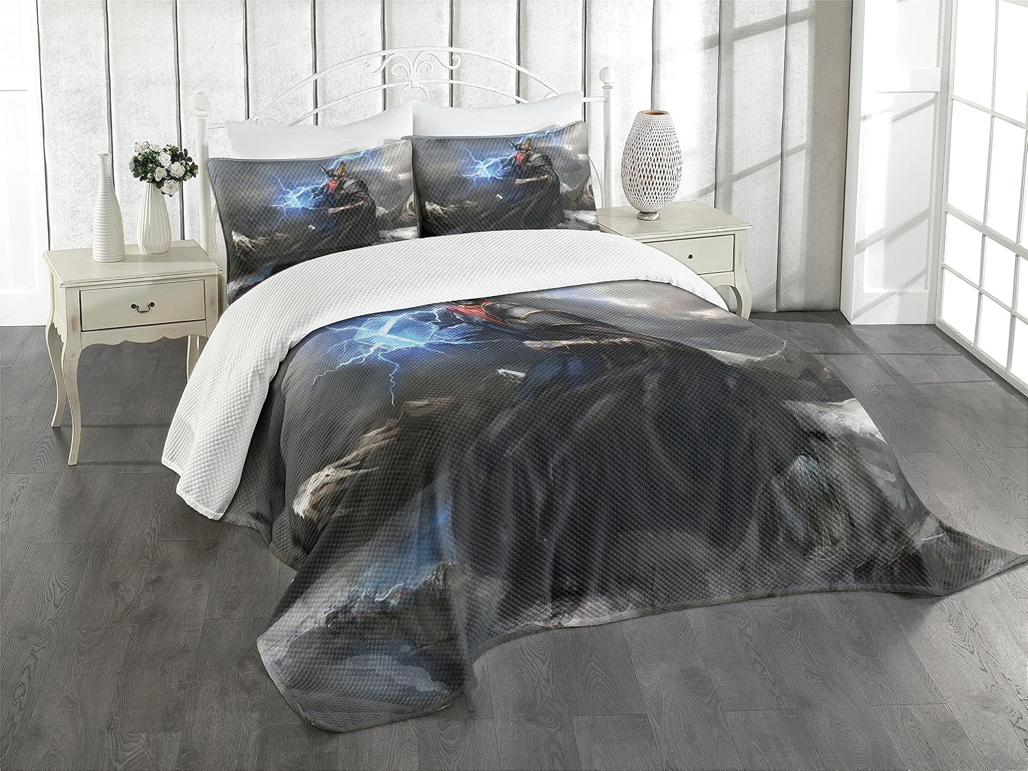 Lunarable Viking Bedspread, Thor with Mjolnir and Thunder Flying Over Mountains Angry Warrior from Norse Myths, Decorative Quilted 3 Piece Coverlet Set with 2 Pillow Shams, Queen Size, Dark Grey