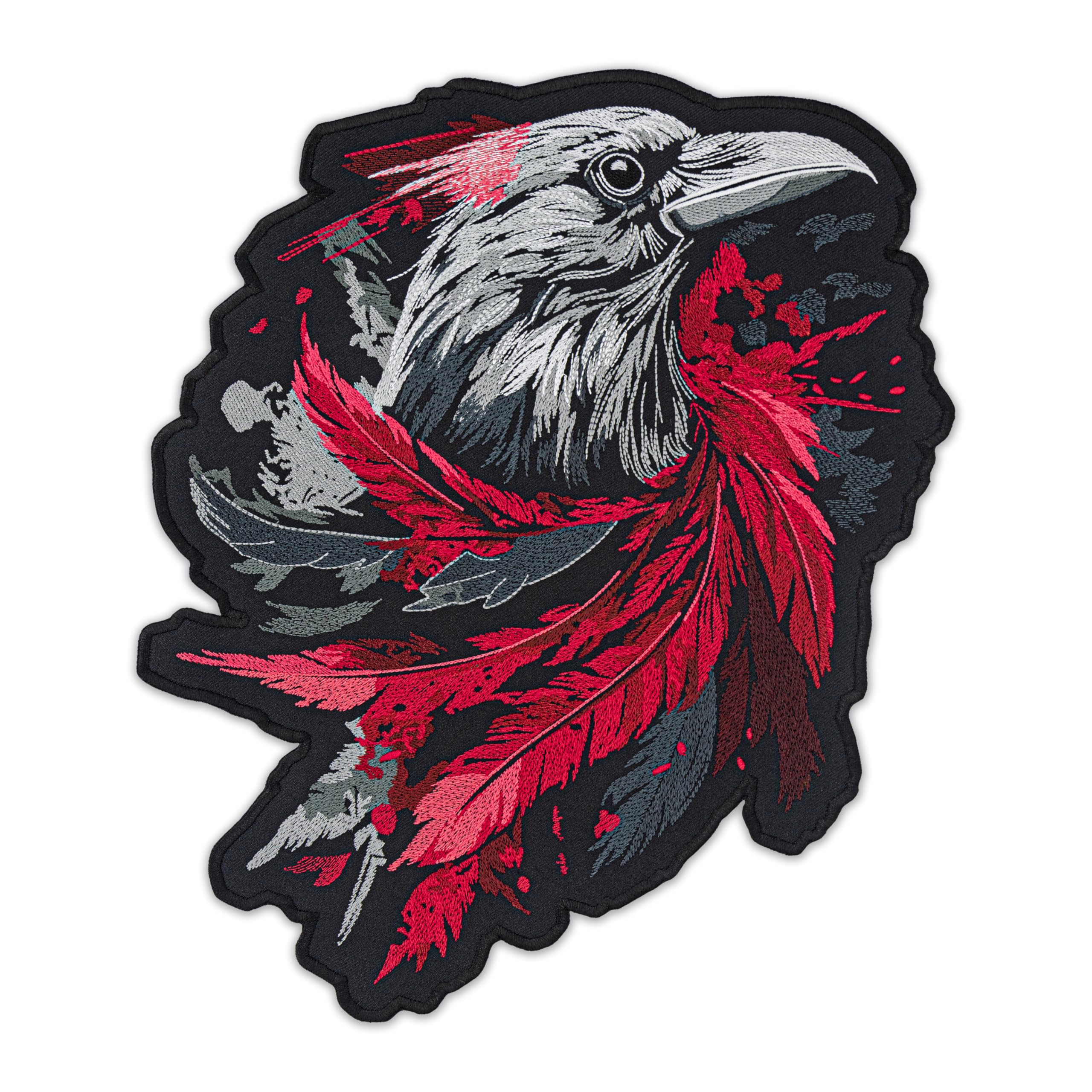 EMBROVERSE Parche de espalda de cuervo oscuro, pájaro gótico de plumas rojas sangre, declaración de córvid mística, bordado de alta calidad para chaquetas y manualidades, 11.2 x 13.9 pulgadas
