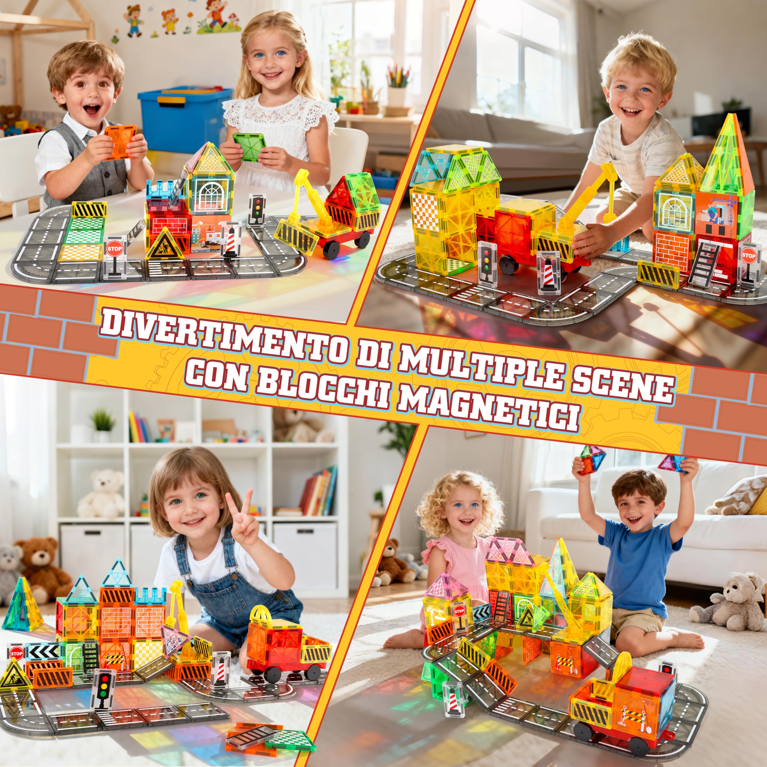 YOOHBERRYS Costruzioni Magnetiche Strada, Costruzioni Magnetiche per Bambini 100 pezzi con Gru e Building, Tessere Magnetiche Blocchi Magnetici Giocattoli Tiles Magnetic 3 4 5 6 anni