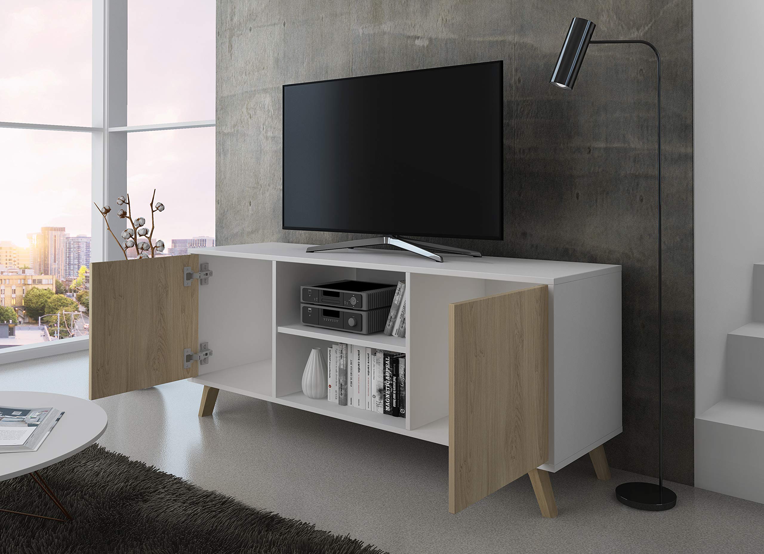 Skraut Home | Ensemble Buffet + Meuble TV + Table Basse pour Salon | Modèle Wind | Ensemble Salle à Manger | Structure Résistante | Montage Facile | Finition Blanc/Puccini