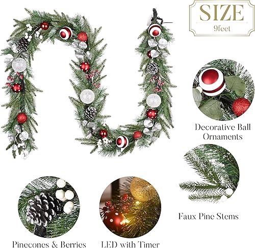 Miniatura 6 de Valery Madelyn Guirnalda de Navidad preiluminada de 9 pies con luces para manto, guirnalda de Navidad iluminada al aire libre con bolas rojas y