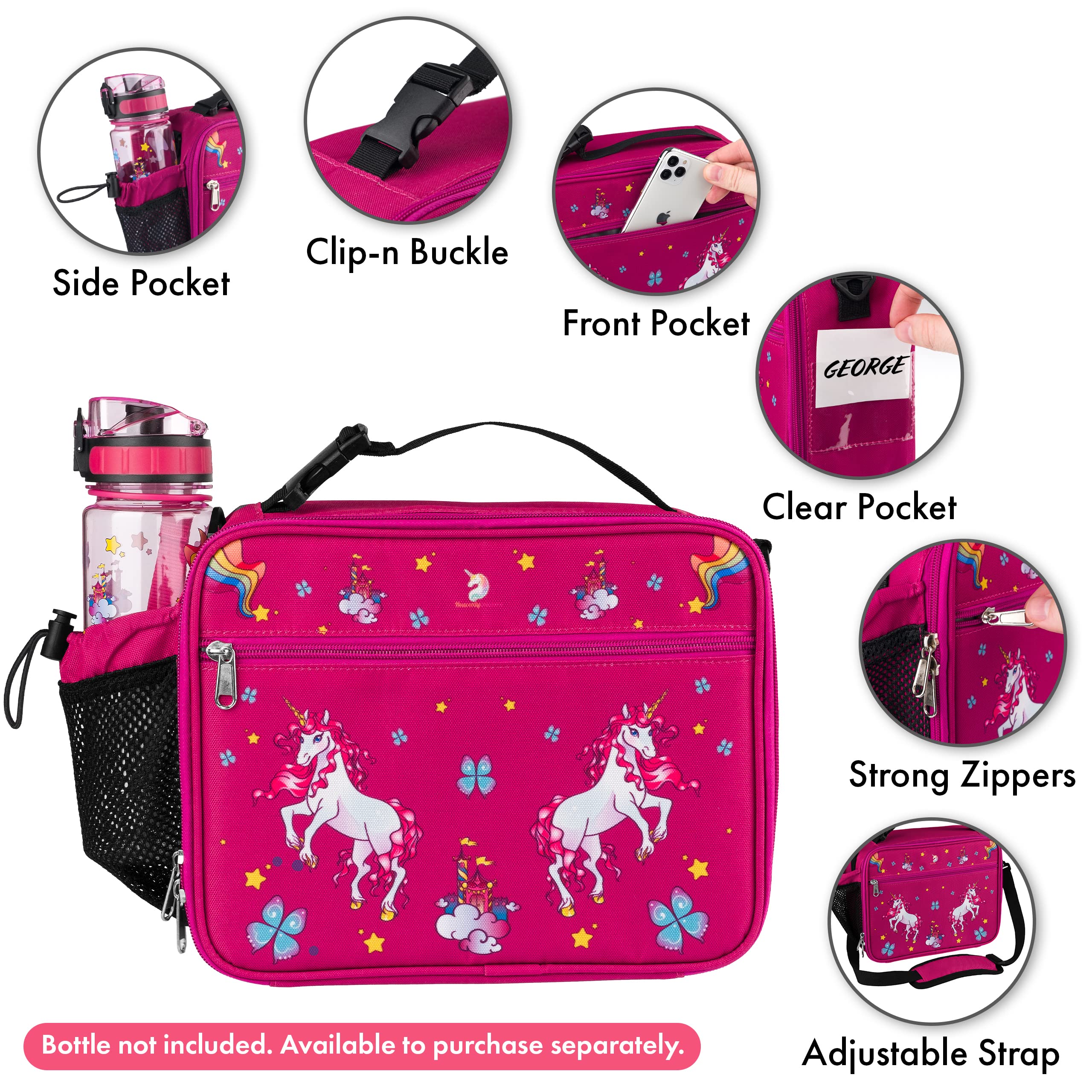 HeavenlyUnicorns Insulated Unicorn Kids Lunch Bag for Girls Child with Bottle Holder Carry Handle & Shoulder Strap - Image 3
