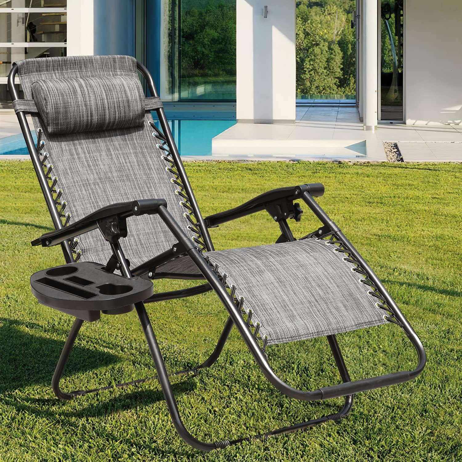GUNJI Zero Gravity Chair Outdoor Lawn Folding Lounge Chairs Adjustable Reclining Patio Chairs Set of 2 with Cup Holder Lounge Gravity Chairs for Poolside, Backyard, Beach and Camping (Gray)